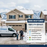 Professional plumber shaking hands with a homeowner in Mead, CO, featuring a 5-step hiring checklist: verify license, local expertise, emergency availability, compare quotes, and written contracts.