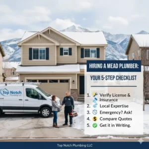 Professional plumber shaking hands with a homeowner in Mead, CO, featuring a 5-step hiring checklist: verify license, local expertise, emergency availability, compare quotes, and written contracts.