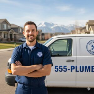 Professional licensed plumber from Top Notch Plumbing standing by a service van in a Westminster, Colorado neighborhood.