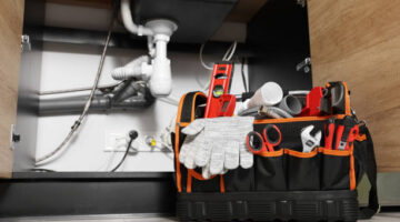 Plumber's tool bag on floor under kitchen sink Plumber's tool bag on floor under kitchen sink