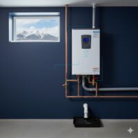Modern tankless water heater installation in Colorado home basement with mountain view