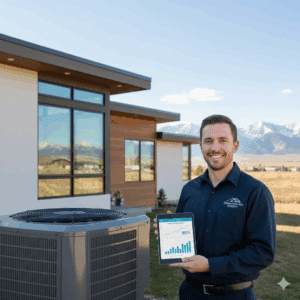 friendly Top-Notch Plumbing & HVAC expert providing a professional AC sizing consultation for a Northern Colorado homeowner with a background view of the Rockies