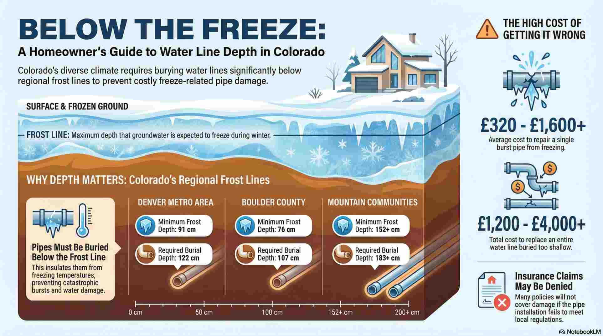 An infographic displaying recommended water line burial depths across various Colorado regions, highlighting required depths from 42 inches in the Front Range to over 9 feet in mountain communities to prevent freezing.
