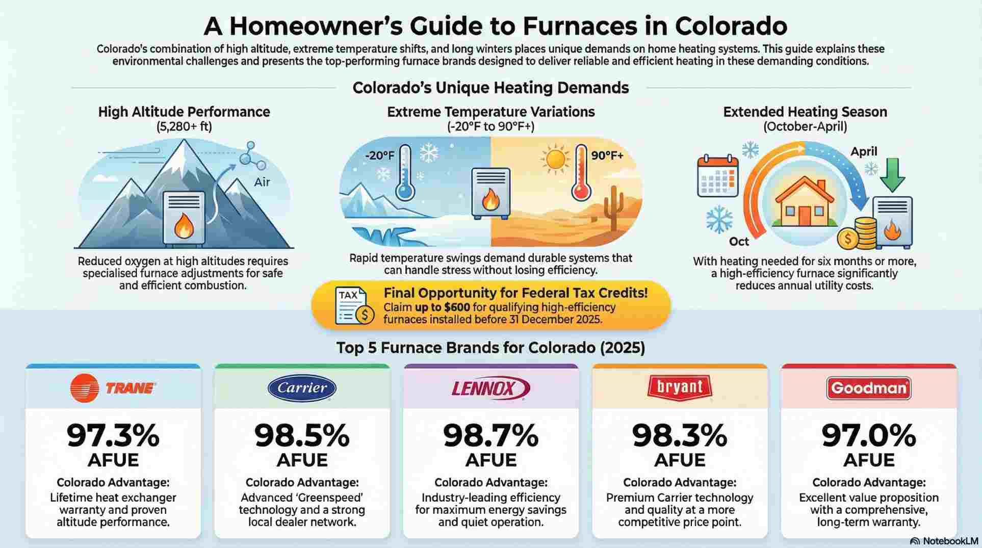 Infographic table comparing five top furnace brands for Colorado: Trane, Carrier, Lennox, Bryant, and Goodman. It details AFUE ratings (97%–98.7%), price ranges (3,100–13,500), and key advantages like altitude testing and quiet operation. A prominent alert notes that $600 federal tax credits for qualifying systems expire on 31 December 2025.