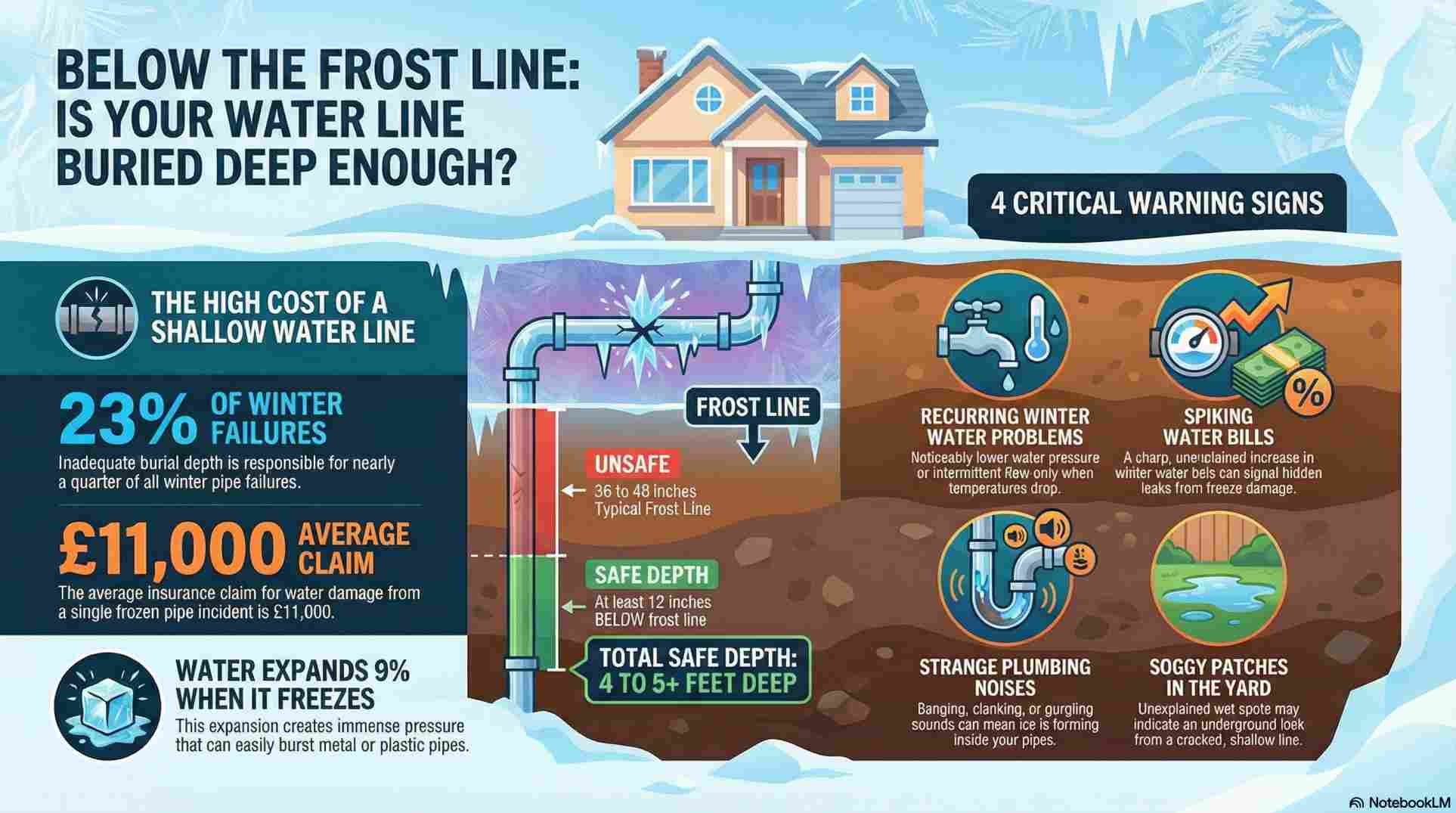 An infographic illustrating indicators of shallow water lines, such as visible frost, strange plumbing noises, and wet yard spots, alongside regional burial depth requirements for Northern Colorado.