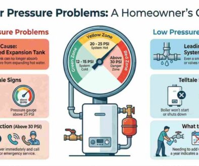 An infographic illustrating a boiler pressure gauge with three distinct colour-coded zones: Green (12–20 PSI) representing the optimal range, Yellow (20–25 PSI) for caution, and Red (above 25 PSI) indicating that immediate action is required. Side panels detail the primary causes of pressure fluctuations: high pressure is often caused by a failed expansion tank or an overfilled system, while low pressure is typically due to system leaks or recently bled radiators. An additional section shows pressure requirements based on building height, noting that a three-storey home requires a higher minimum of 18–22 PSI compared to 12–15 PSI for a single-storey building.