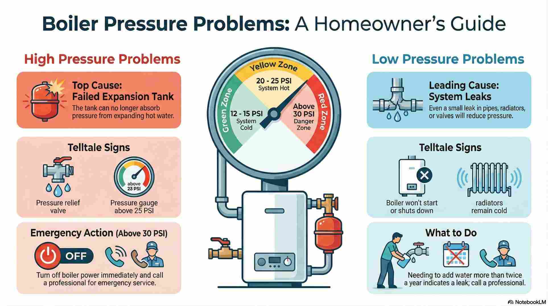 An infographic illustrating a boiler pressure gauge with three distinct colour-coded zones: Green (12–20 PSI) representing the optimal range, Yellow (20–25 PSI) for caution, and Red (above 25 PSI) indicating that immediate action is required. Side panels detail the primary causes of pressure fluctuations: high pressure is often caused by a failed expansion tank or an overfilled system, while low pressure is typically due to system leaks or recently bled radiators. An additional section shows pressure requirements based on building height, noting that a three-storey home requires a higher minimum of 18–22 PSI compared to 12–15 PSI for a single-storey building.