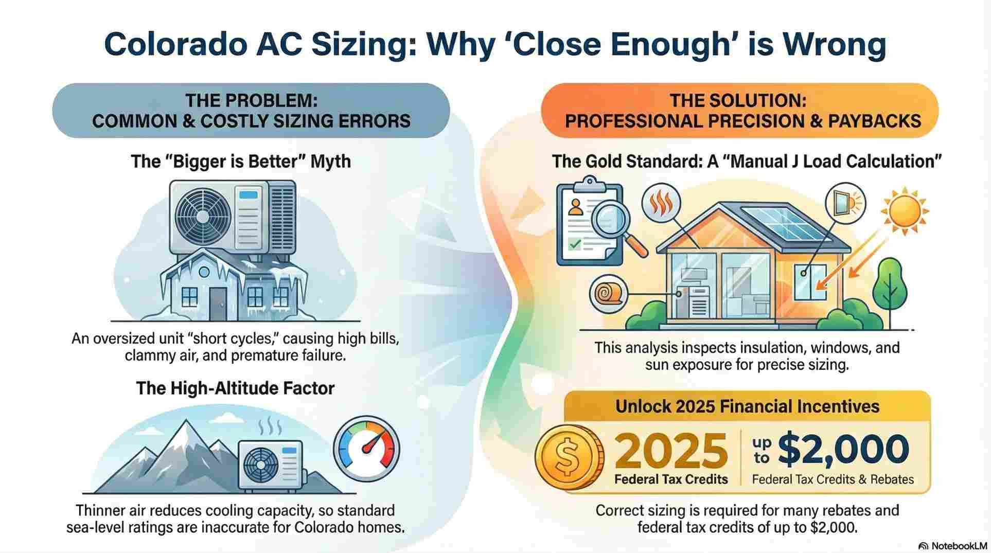 An informative infographic detailing the essential factors for selecting the correct air conditioner size in Northern Colorado’s unique climate