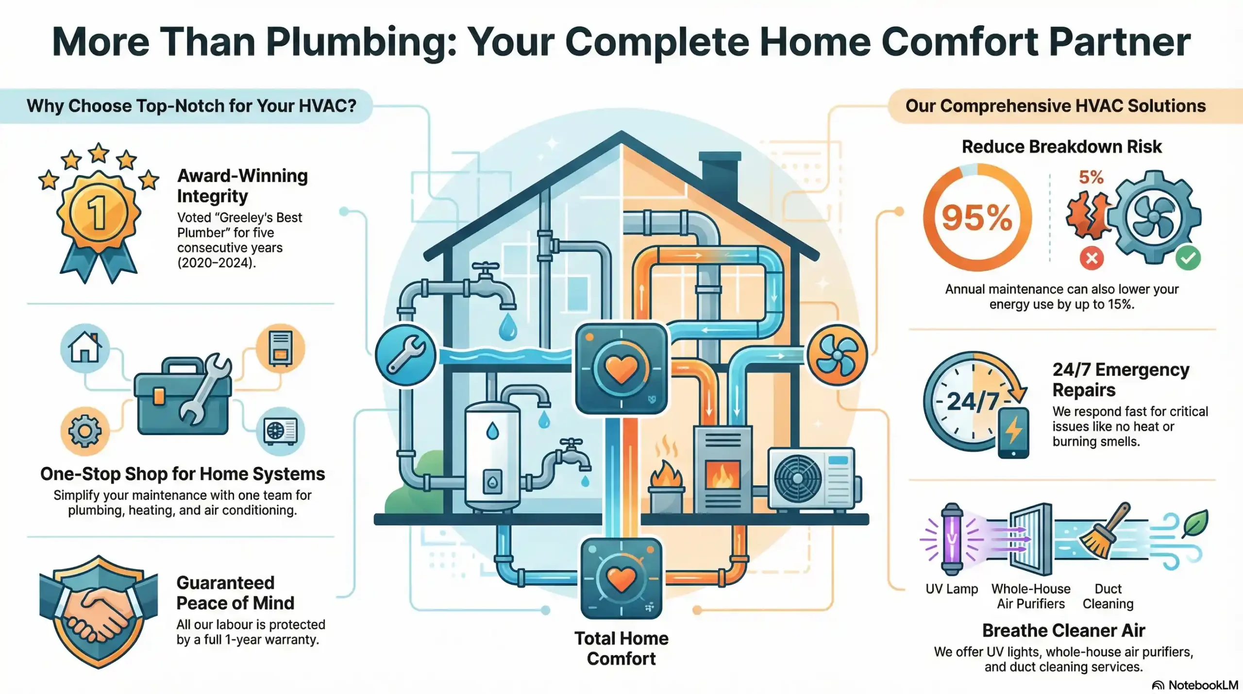 Checklist of new HVAC services including furnace repair, AC installation, and indoor air quality solutions offered by Top-Notch Plumbing in Greeley.