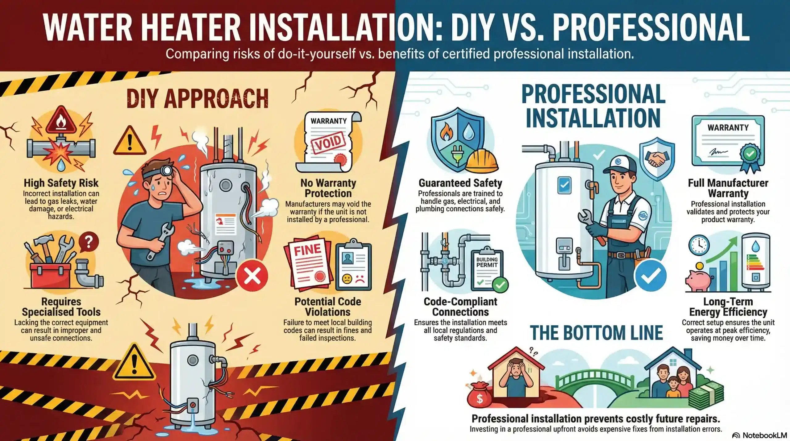 Infographic comparing DIY vs Professional water heater installation risks and costs.