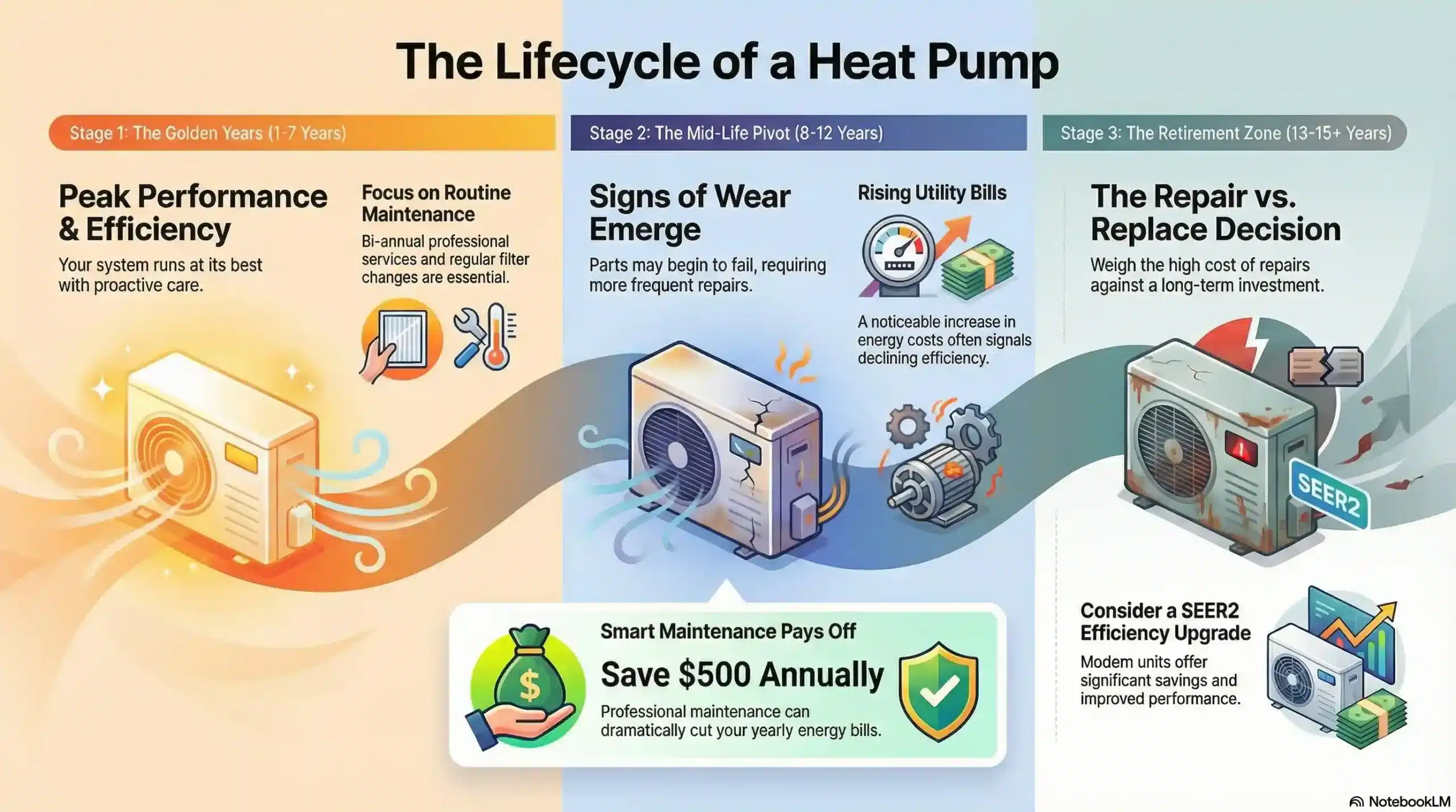 Infographic showing the average 10 to 15 year lifespan of a heat pump and key maintenance milestones.