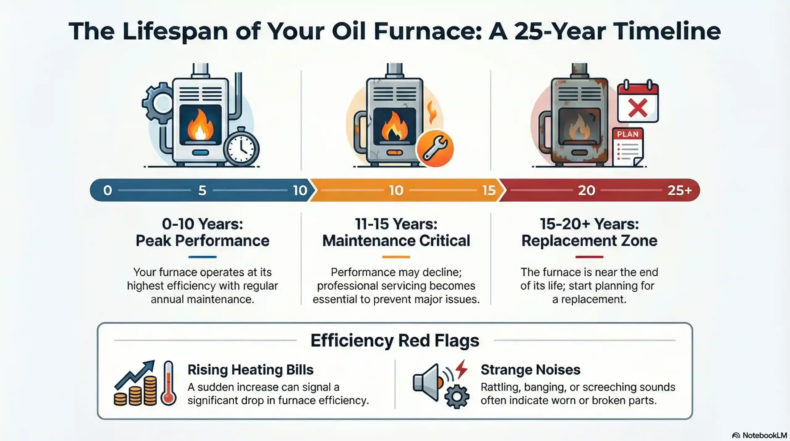 Infographic showing oil furnace life expectancy timeline and maintenance milestones.