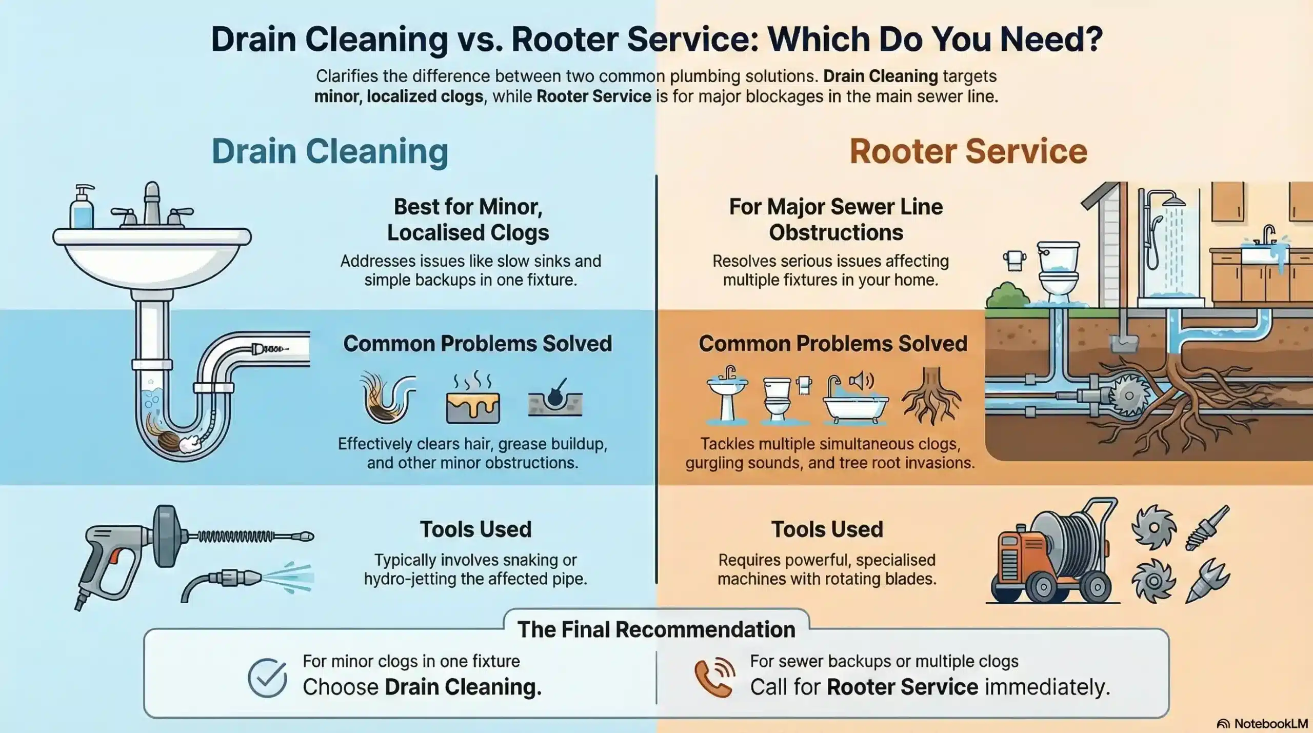 Infographic comparing Rooter Service vs. Drain Cleaning symptoms and tools.