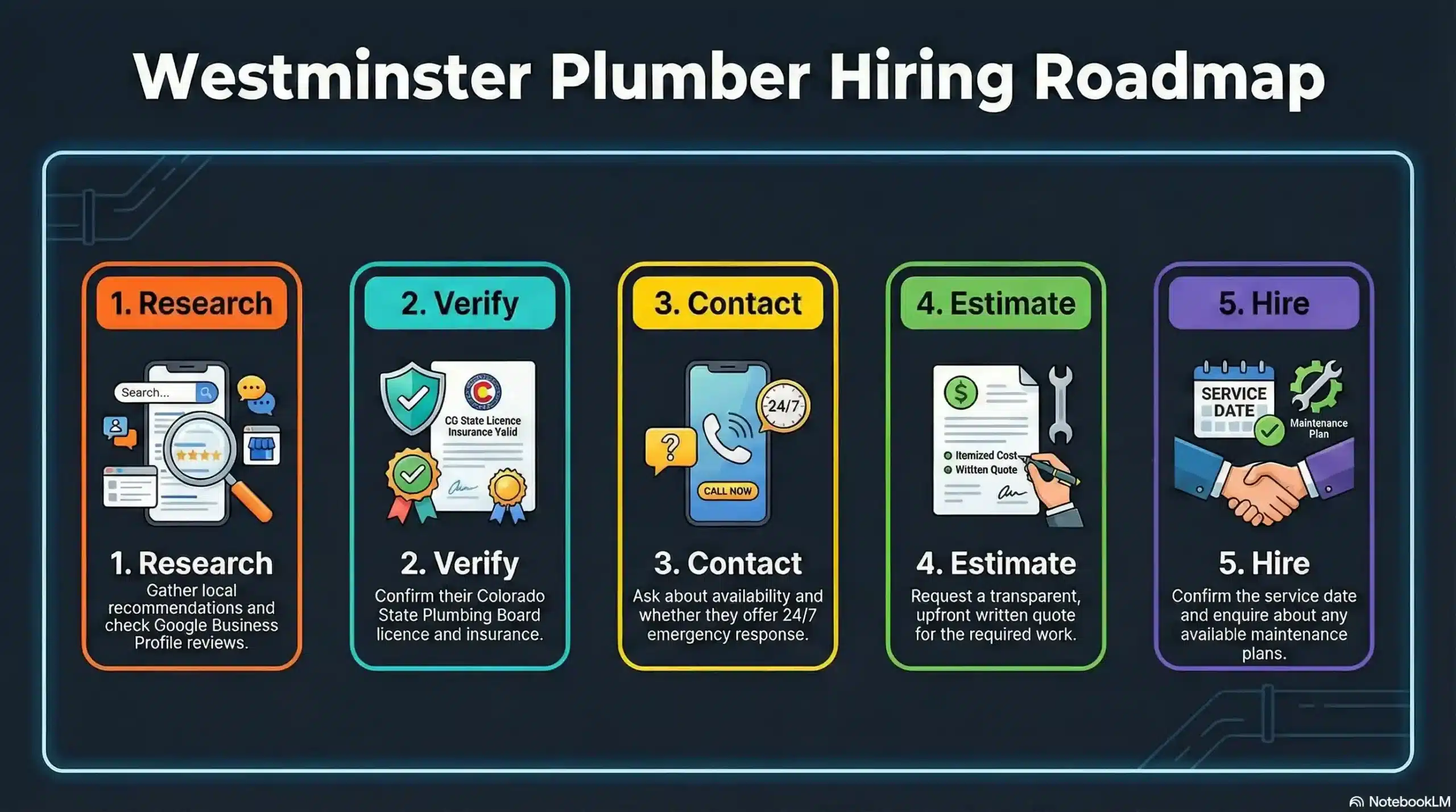 Flowchart showing the 5-step process for hiring a licensed Westminster plumber.
