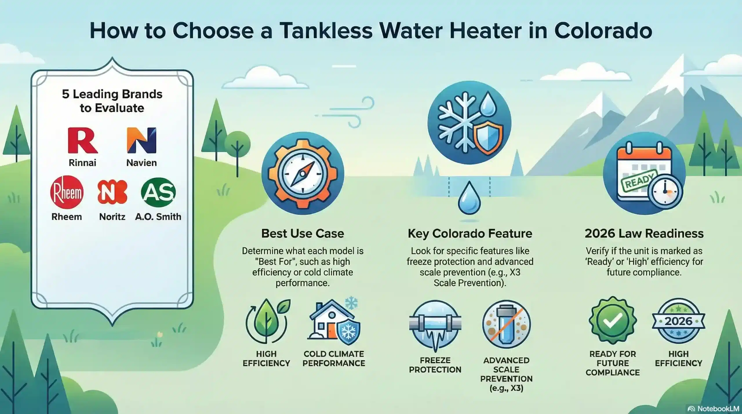 Comparison chart of tankless water heater brands for Colorado altitude and 2026 emissions laws.