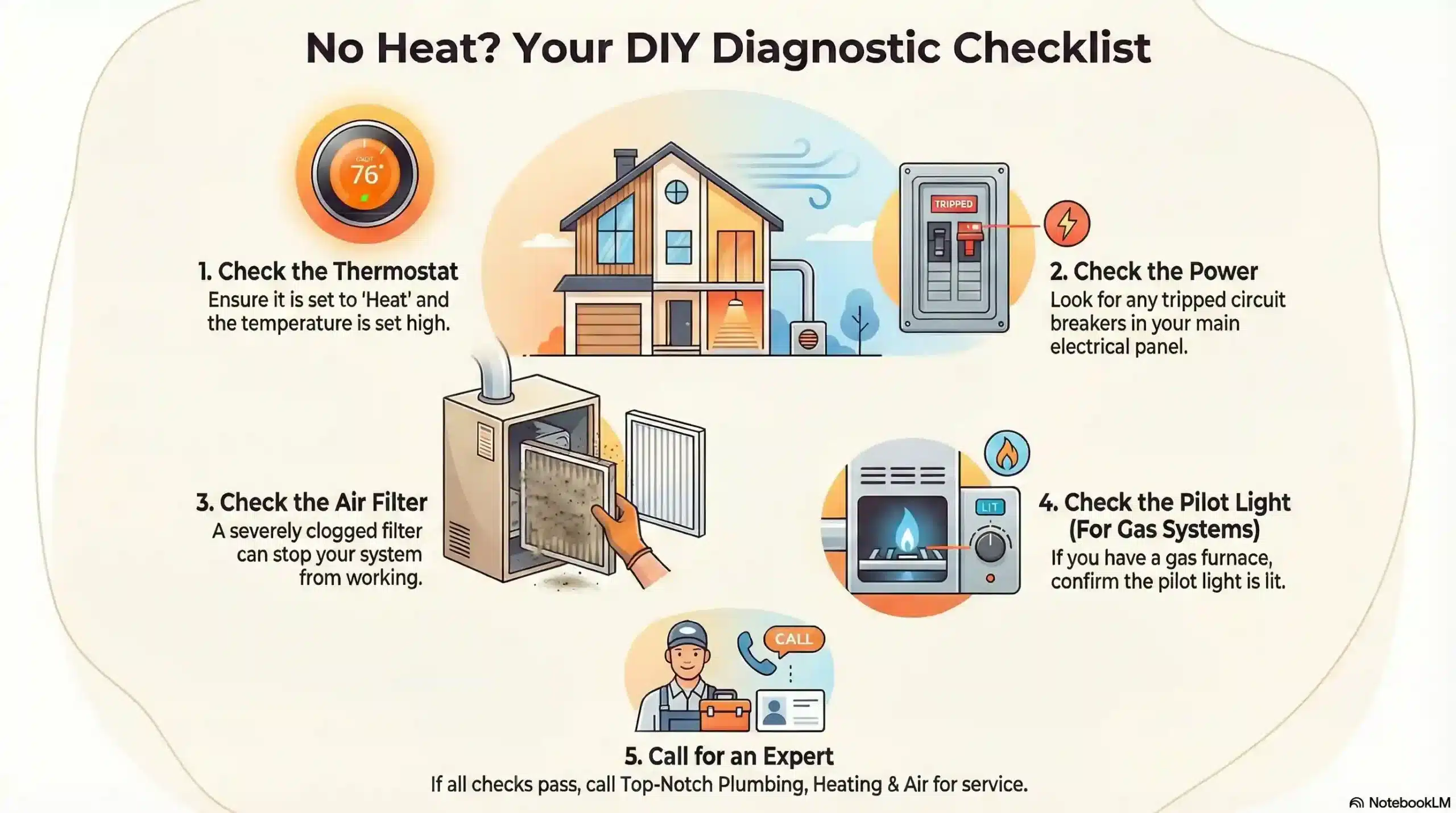 Emergency HVAC troubleshooting flowchart for fixing no heat in a house.