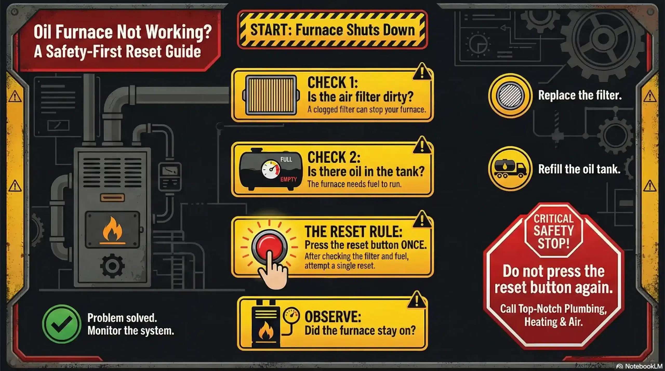 Oil Furnace Troubleshooting Flowchart - Reset Button Safety Guide