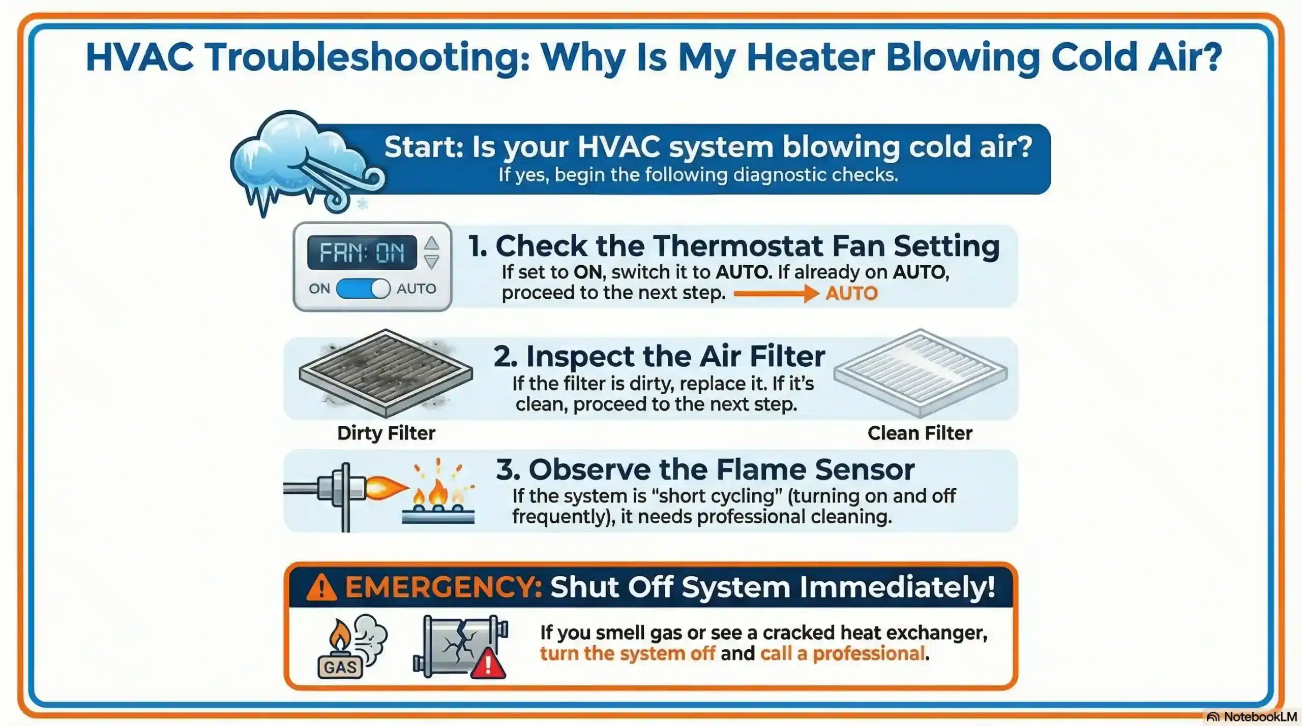 Act as a technical illustrator. Create a high-contrast, professional HVAC troubleshooting flowchart based on the following logic: Start: "HVAC Blowing Cold Air?" Branch A: "Check Thermostat Fan" (If ON -> Switch to AUTO; If AUTO -> Move to Step 3). Branch B: "Check Air Filter" (If Dirty -> Replace; If Clean -> Move to Step 4). Branch C: "Check Flame Sensor" (If Short Cycling -> Needs Professional Cleaning). Safety Warning: "Smell Gas or Cracked Heat Exchanger? -> SHUT OFF & CALL PRO IMMEDIATELY." Use Top-Notch Plumbing, Heating & Air branding colors (Blue/Orange) and clear, legible sans-serif fonts.