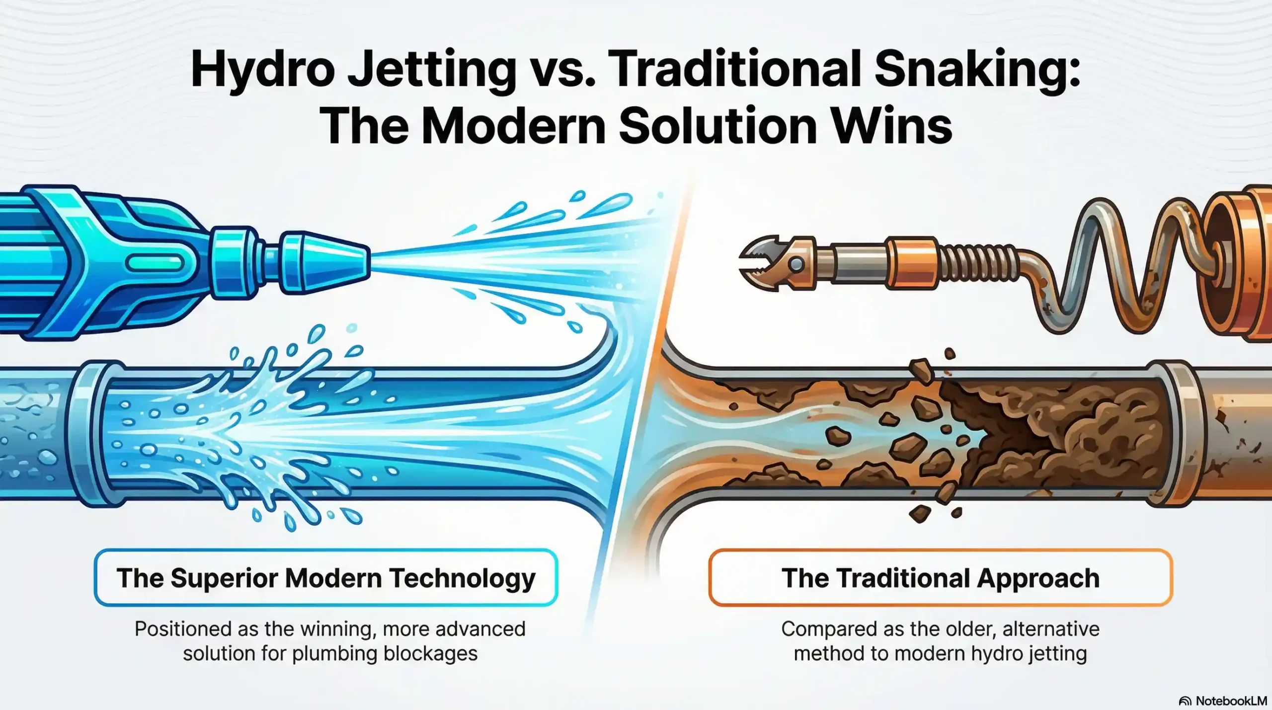 Diagram showing how hydro jetting removes tree roots and grease compared to traditional snaking methods.