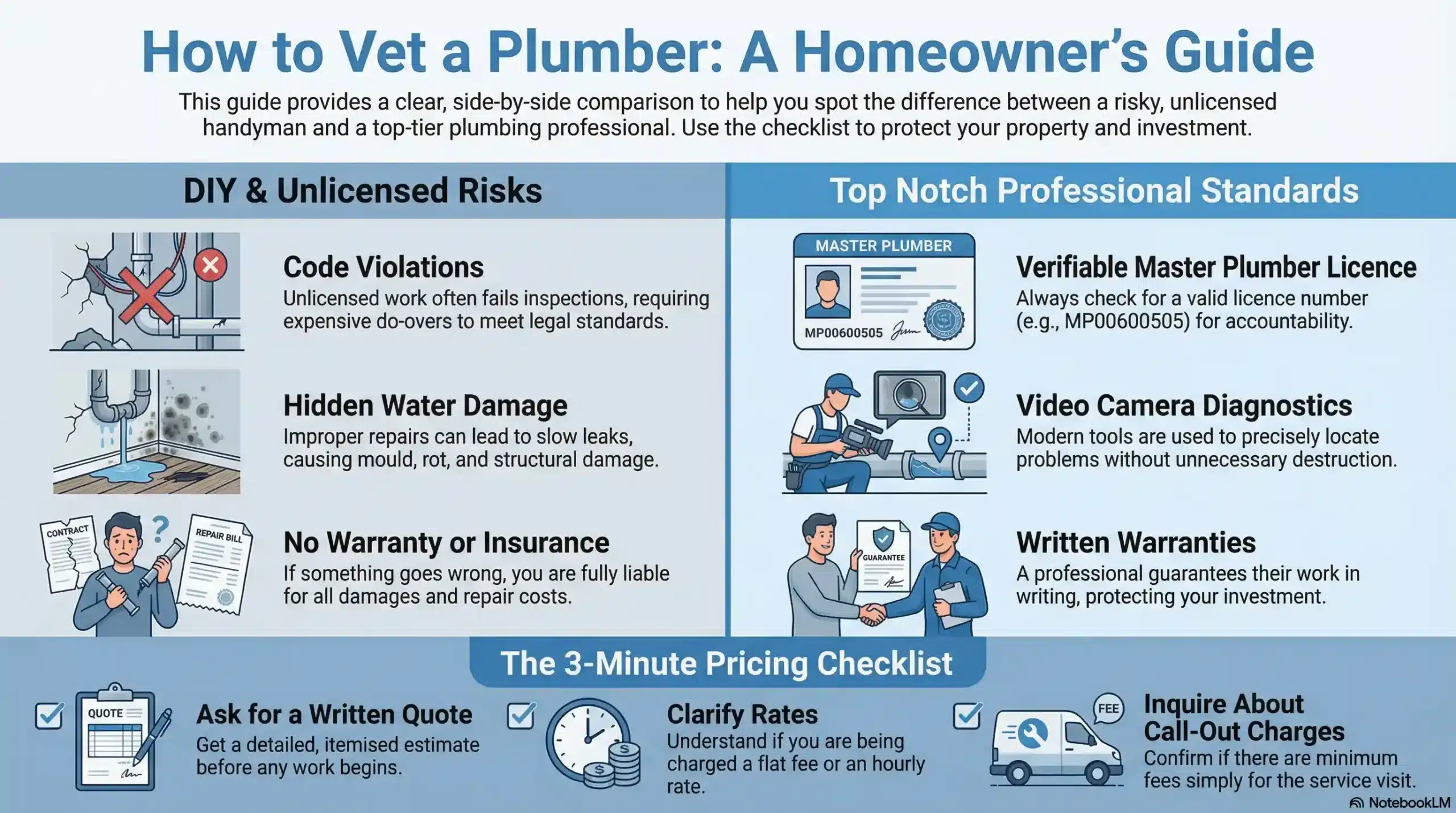 Infographic comparing DIY plumbing risks versus professional Twin Lakes plumbing services including code compliance and safety.