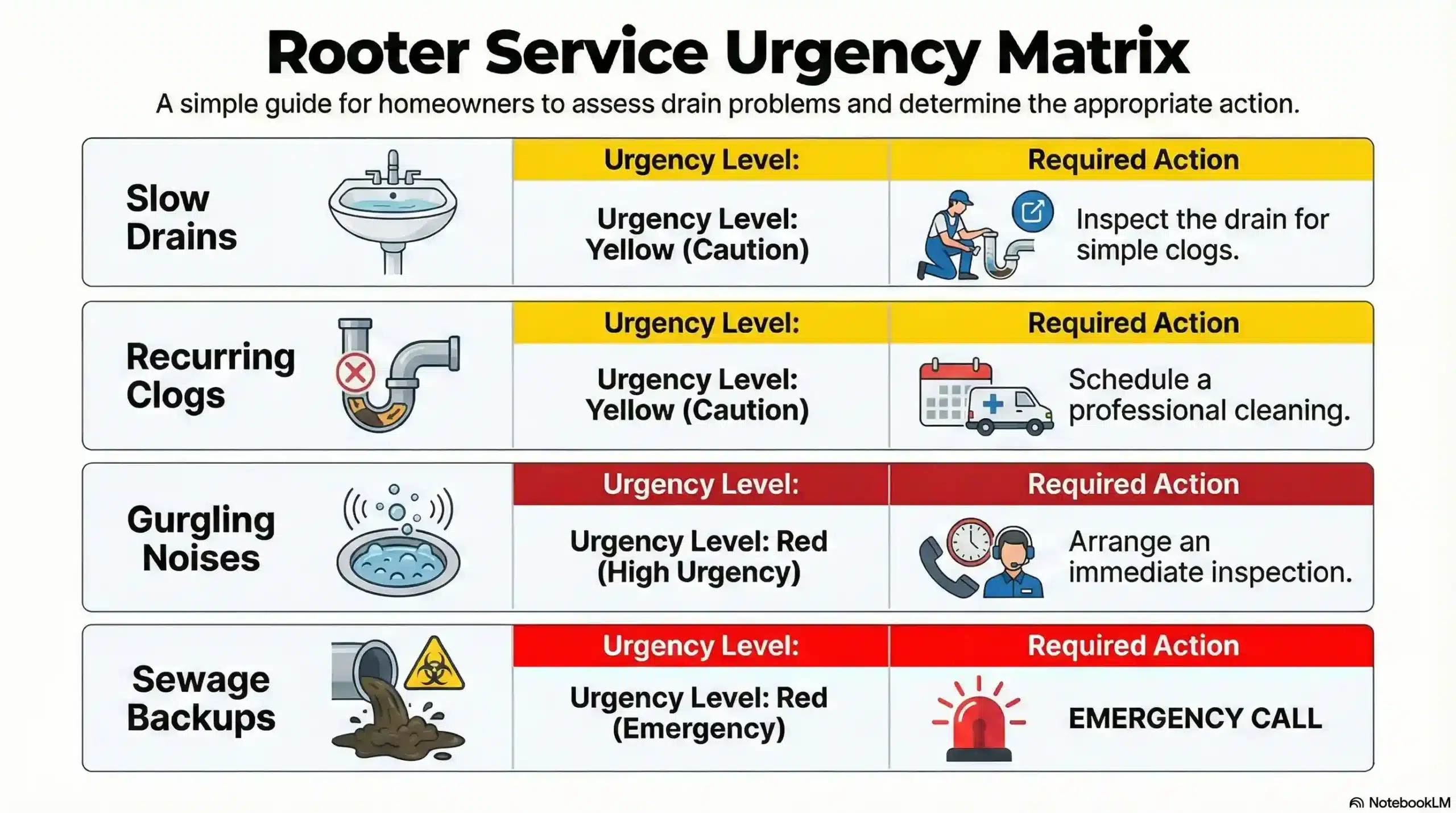 Infographic showing the urgency levels of common rooter plumbing issues like slow drains and sewage backups.