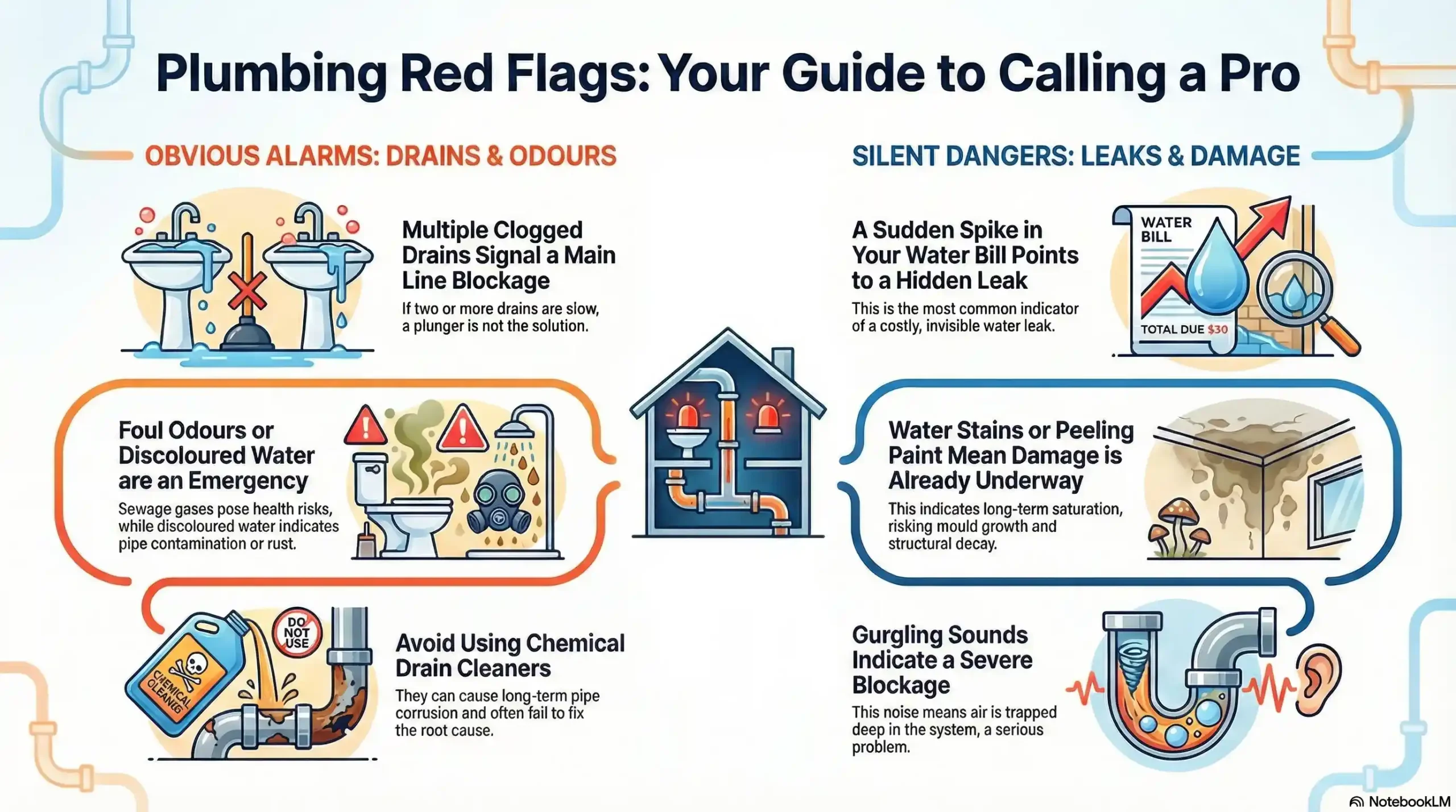 Chart showing when to call a professional plumber versus DIY, highlighting warning signs like sewage smells and water stains.