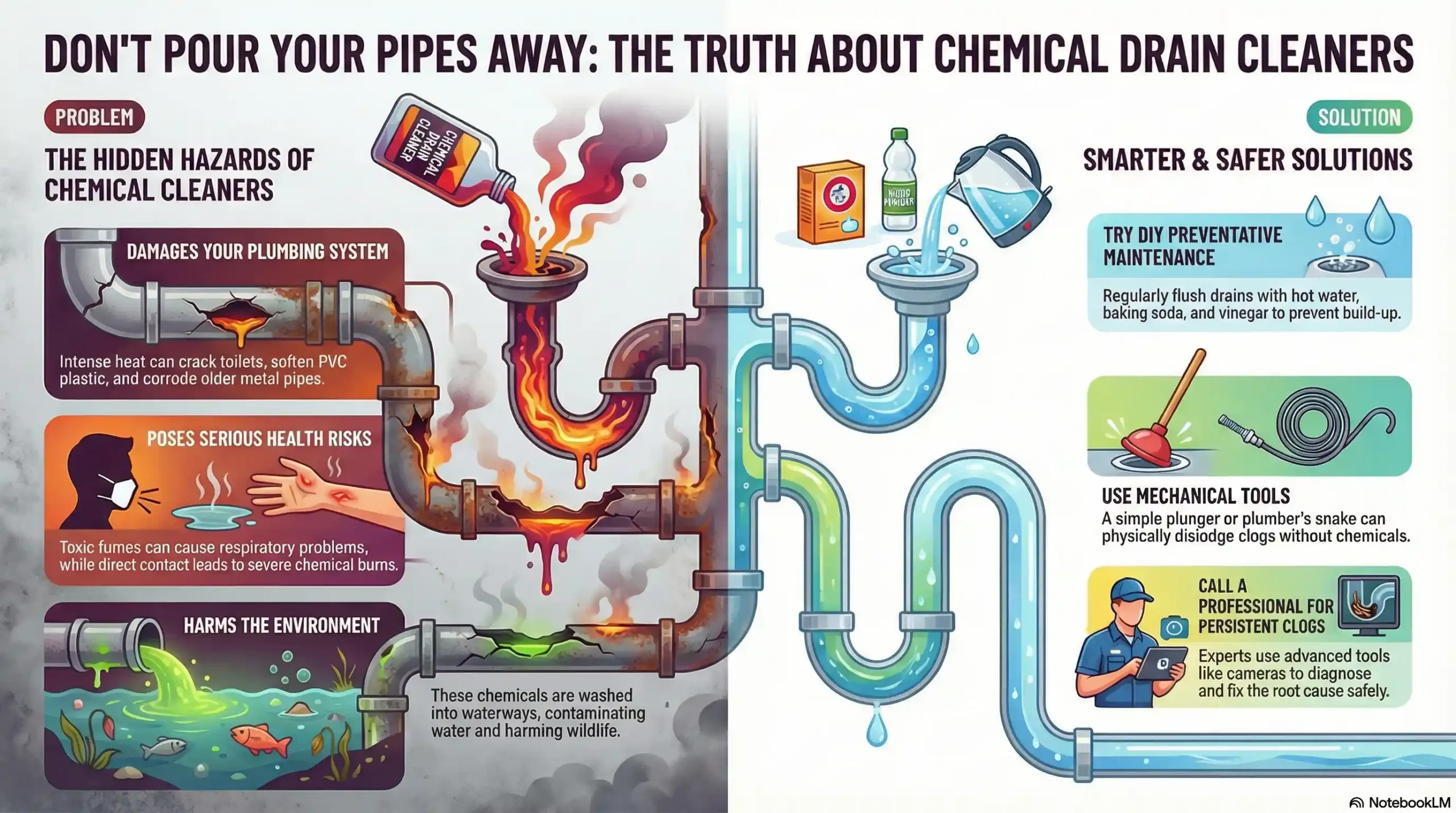 Infographic showing the cycle of pipe corrosion caused by chemical drain cleaners versus safe hydro-jetting methods.