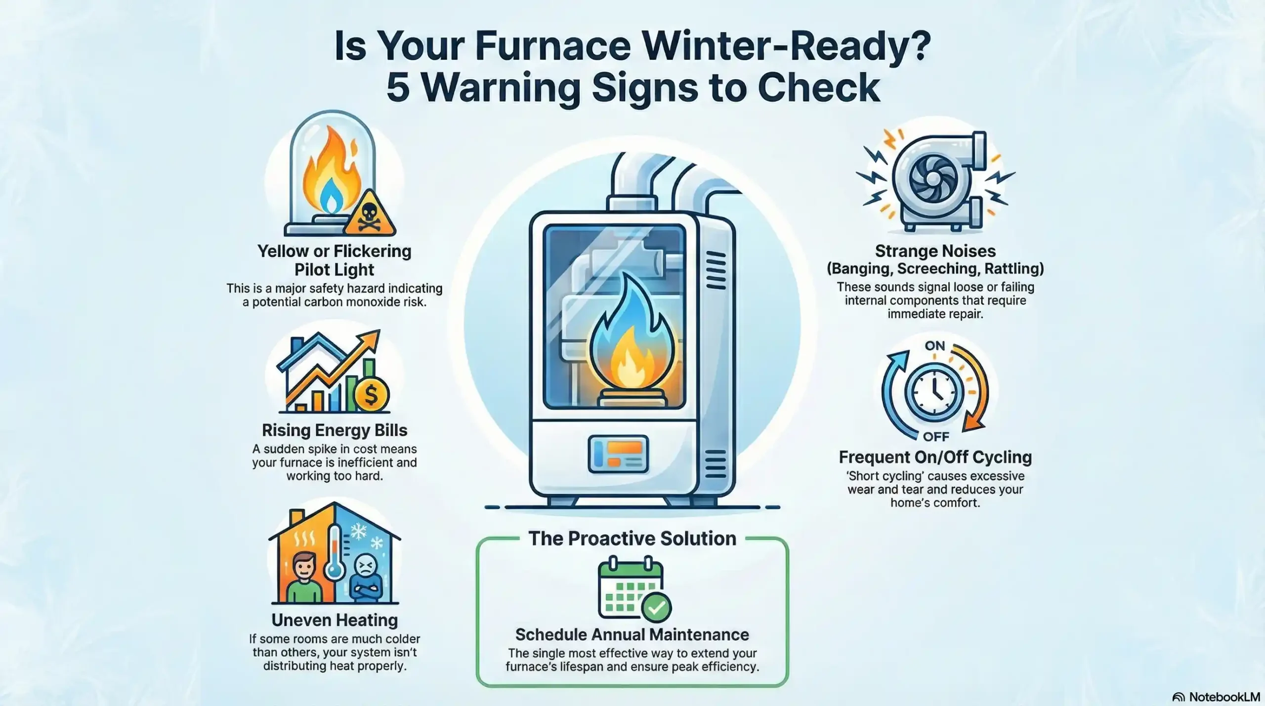 Infographic displaying 5 critical signs you need furnace repair: loud noises, uneven heat, high bills, short cycling, and yellow pilot light.