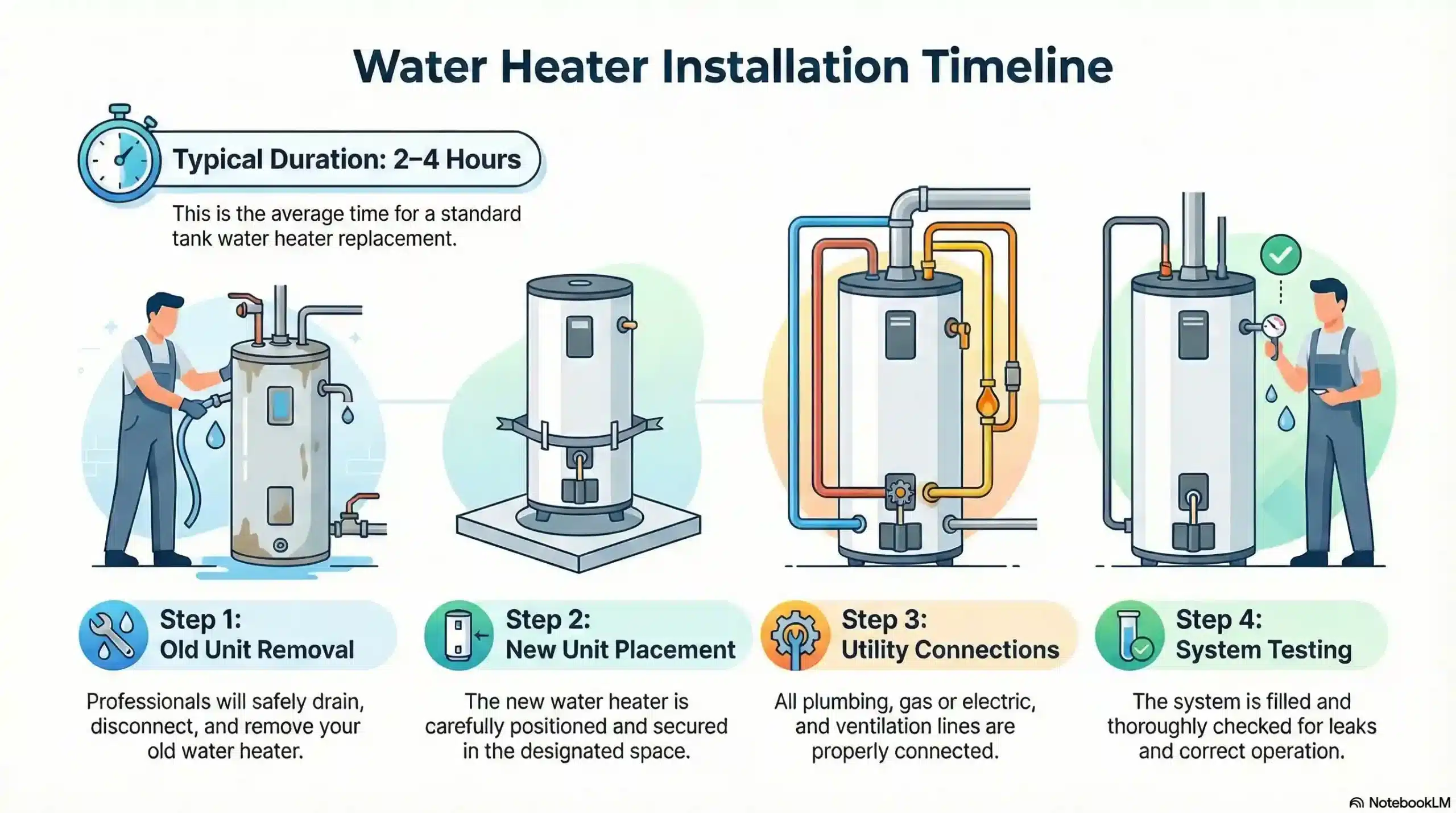 4-step professional water heater installation process timeline.