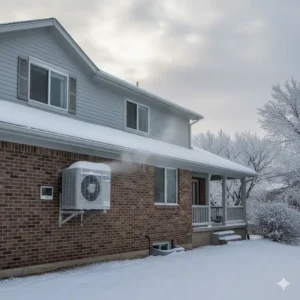 Mini split outdoor unit operating during cold winter weather in Greeley Colorado