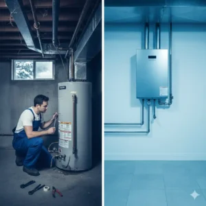 Technician inspecting older water heater next to newly installed high-efficiency unit in Northern Colorado home.