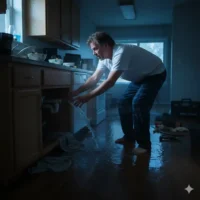 Homeowner shutting off main water valve during nighttime plumbing emergency in Greeley.