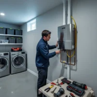 Licensed plumber installing a wall-mounted tankless water heater in a Northern Colorado home in Greeley.