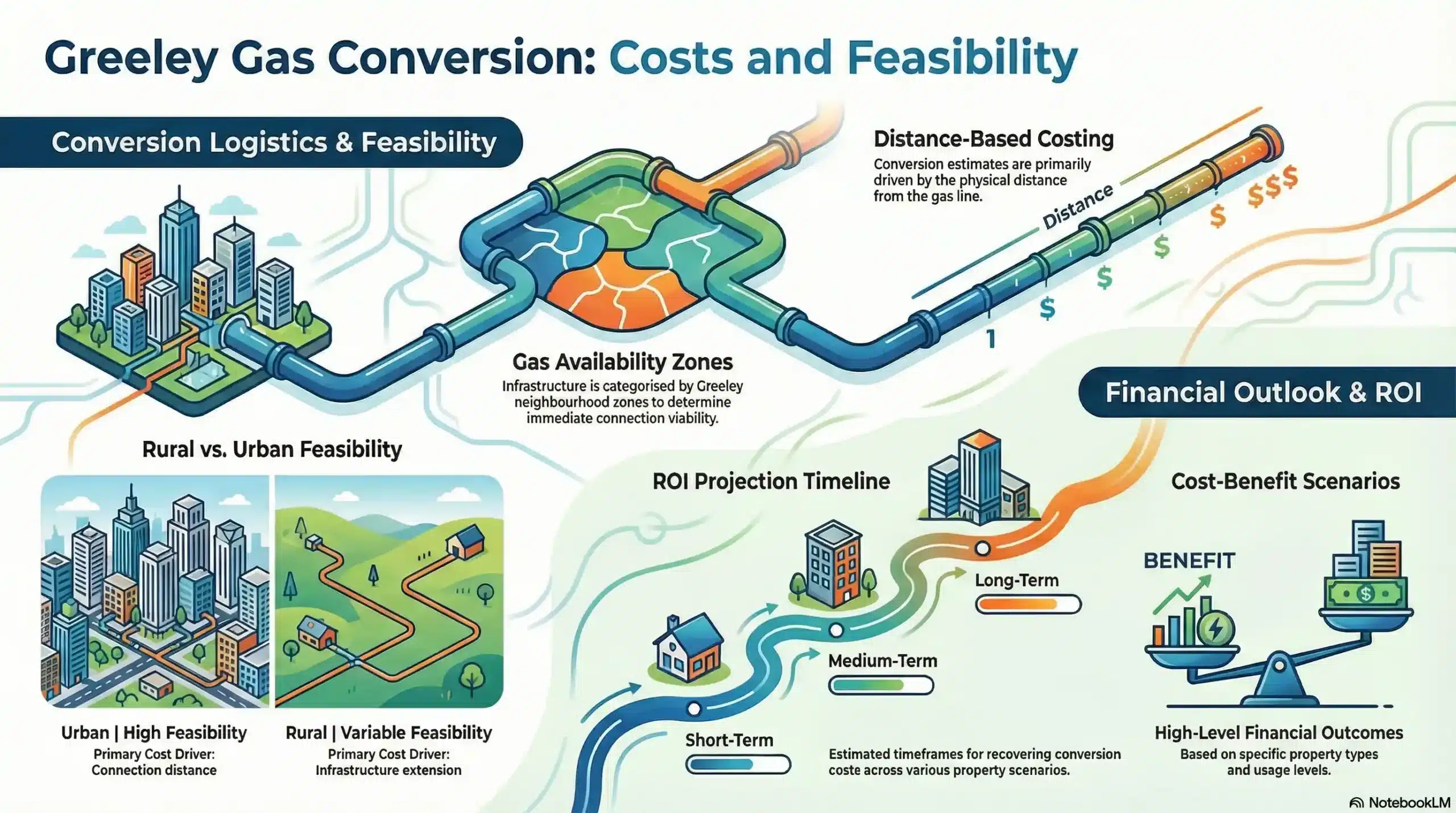 An infographic showing Greeley neighborhood gas availability zones, a distance-based conversion cost calculator, rural vs. urban feasibility comparisons, and ROI timelines