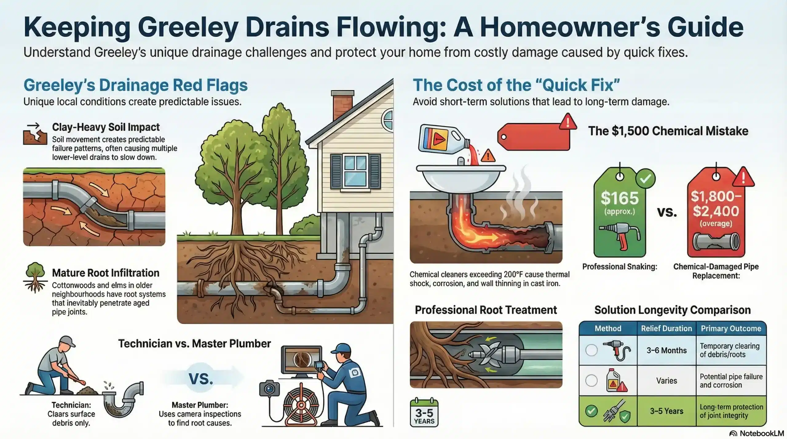 Infographic mapping older Greeley areas like Lincoln Park and 10th Street. It illustrates clay soil shifting underground lines, mature tree roots infiltrating separated pipe joints, and warnings that high-heat chemical cleaners destroy 1950s cast-iron pipes.