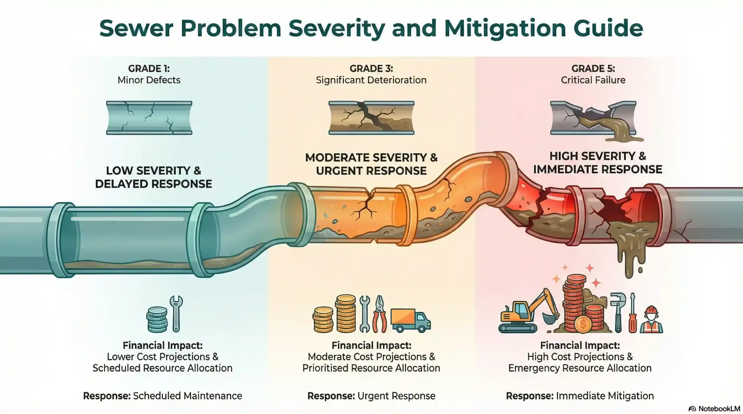 Severity scale for sewer problems showing cost and timeline urgency