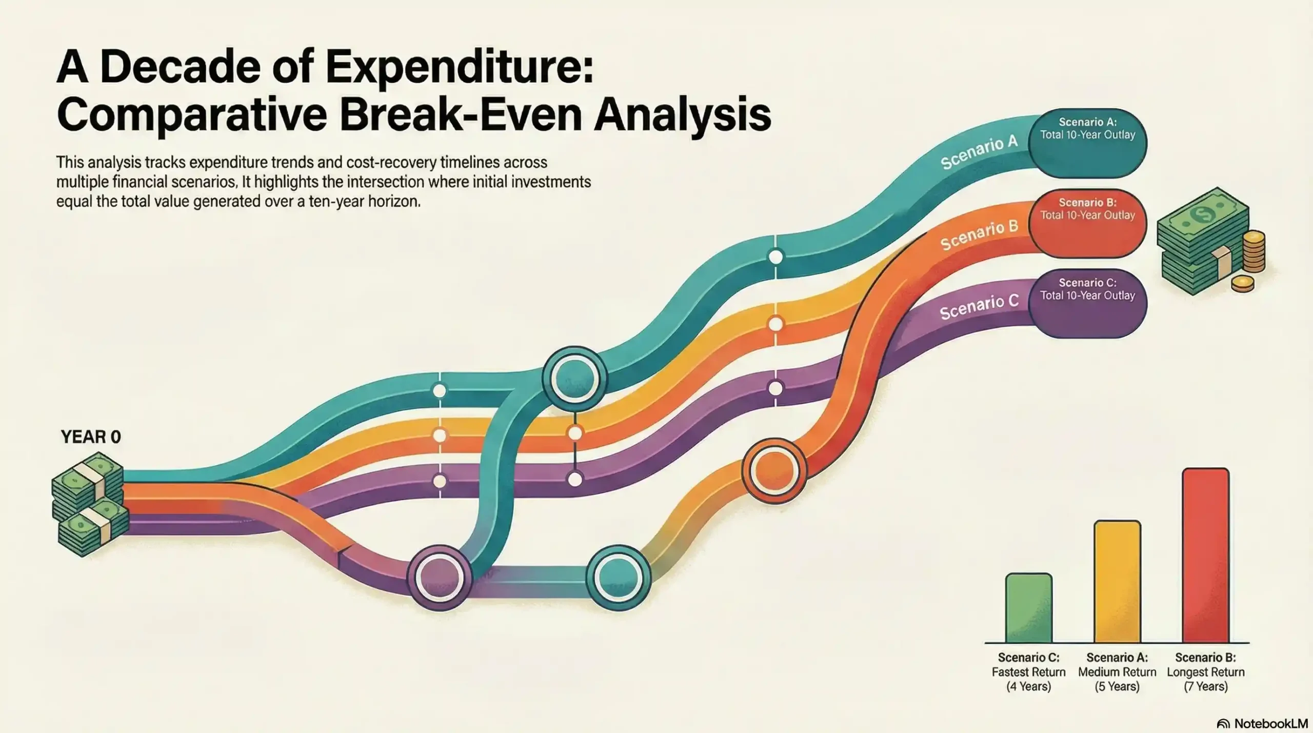 Chart displaying a 10-year cost comparison across all scenarios to illustrate break-even points