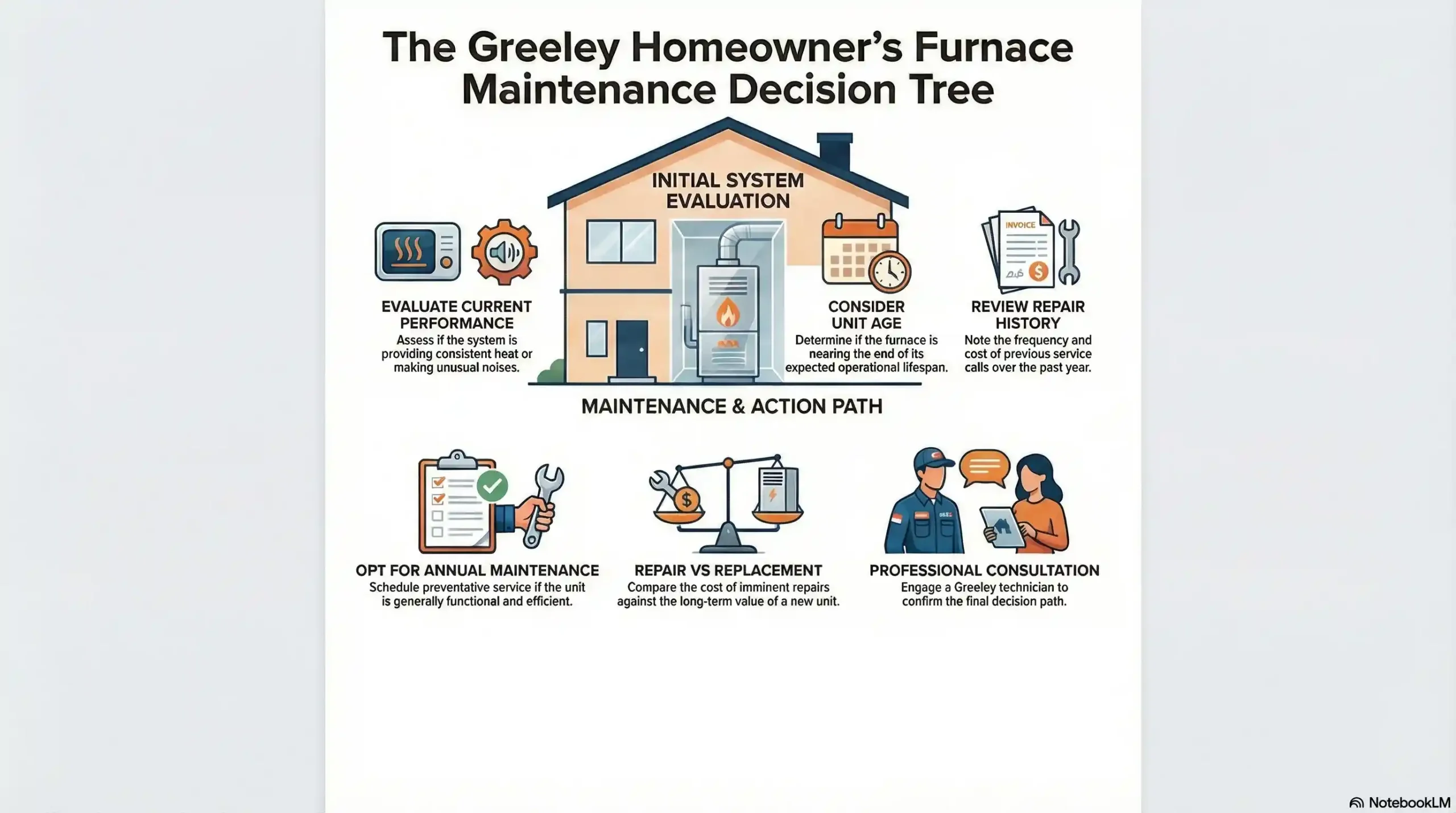  A decision tree infographic outlining furnace maintenance steps and choices for homeowners in Greeley.