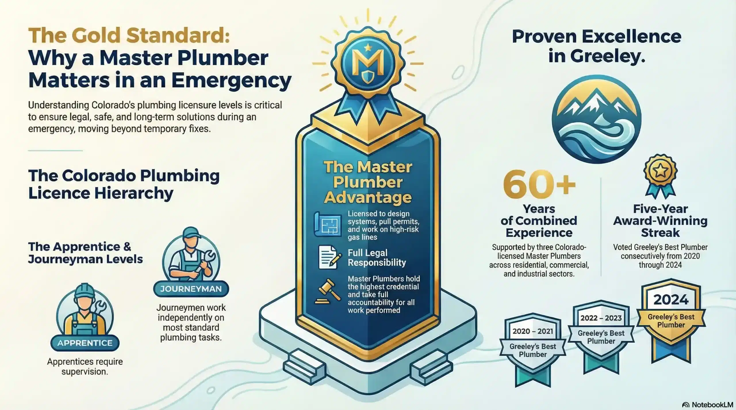 Infographic outlining three Colorado plumbing licenses: Apprentice (supervised work), Journeyman (independent work), and Master (designs systems, pulls permits, works on gas lines).
