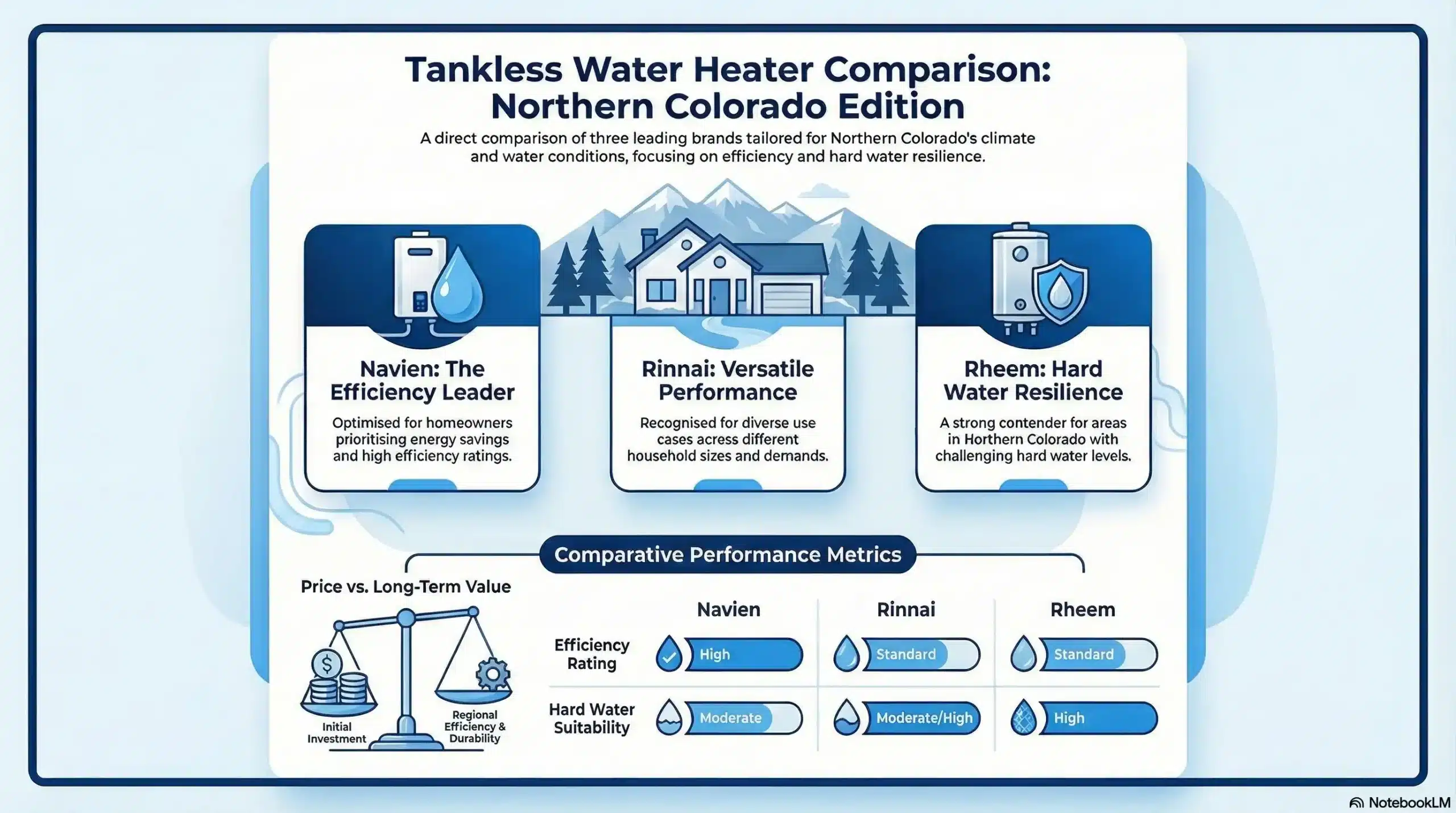 Chart comparing Navien, Rinnai, and Rheem tankless water heaters on efficiency, price, and hard water suitability