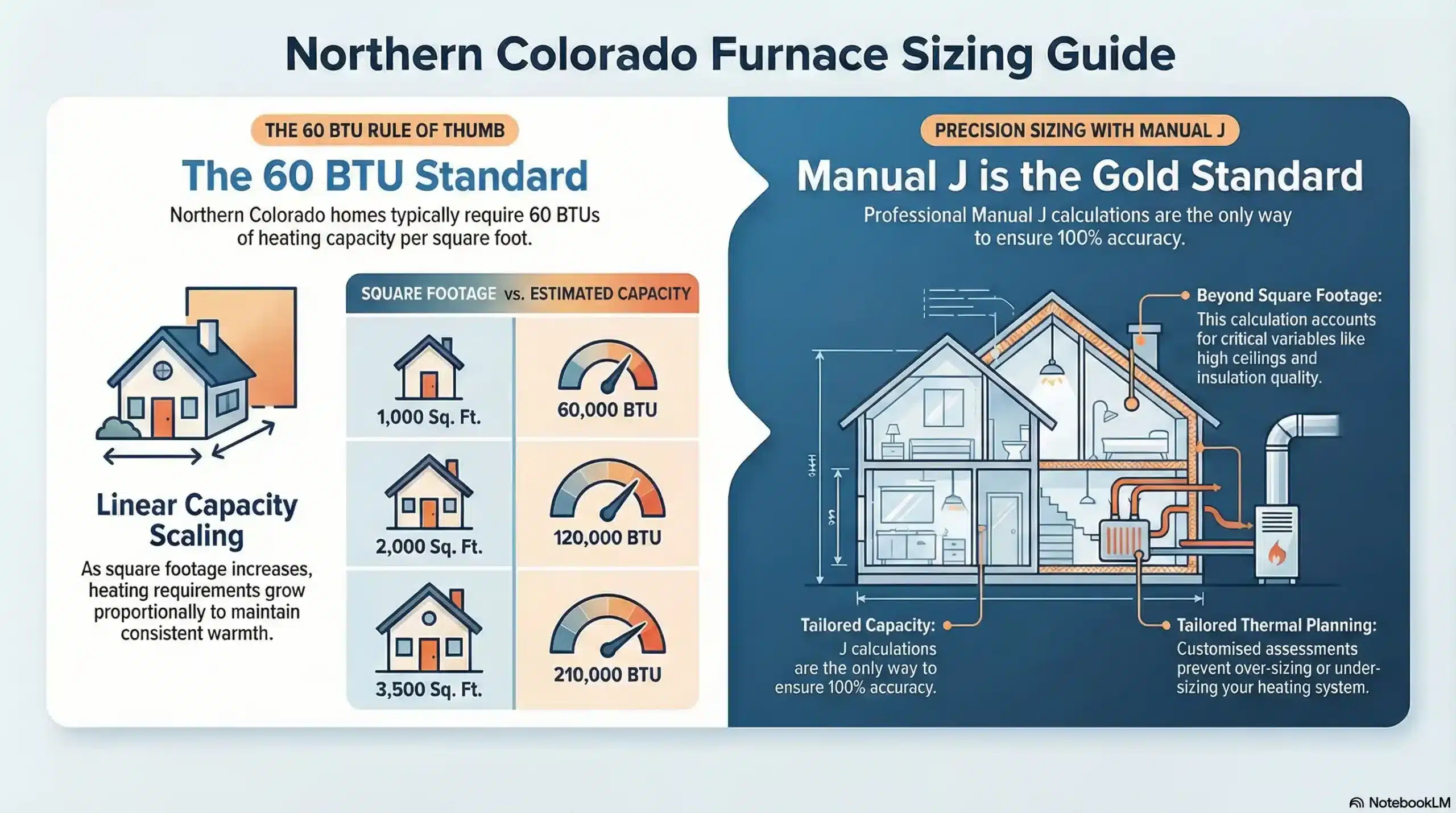 Furnace BTU sizing chart for Northern Colorado homes showing square footage to heating output requirements.