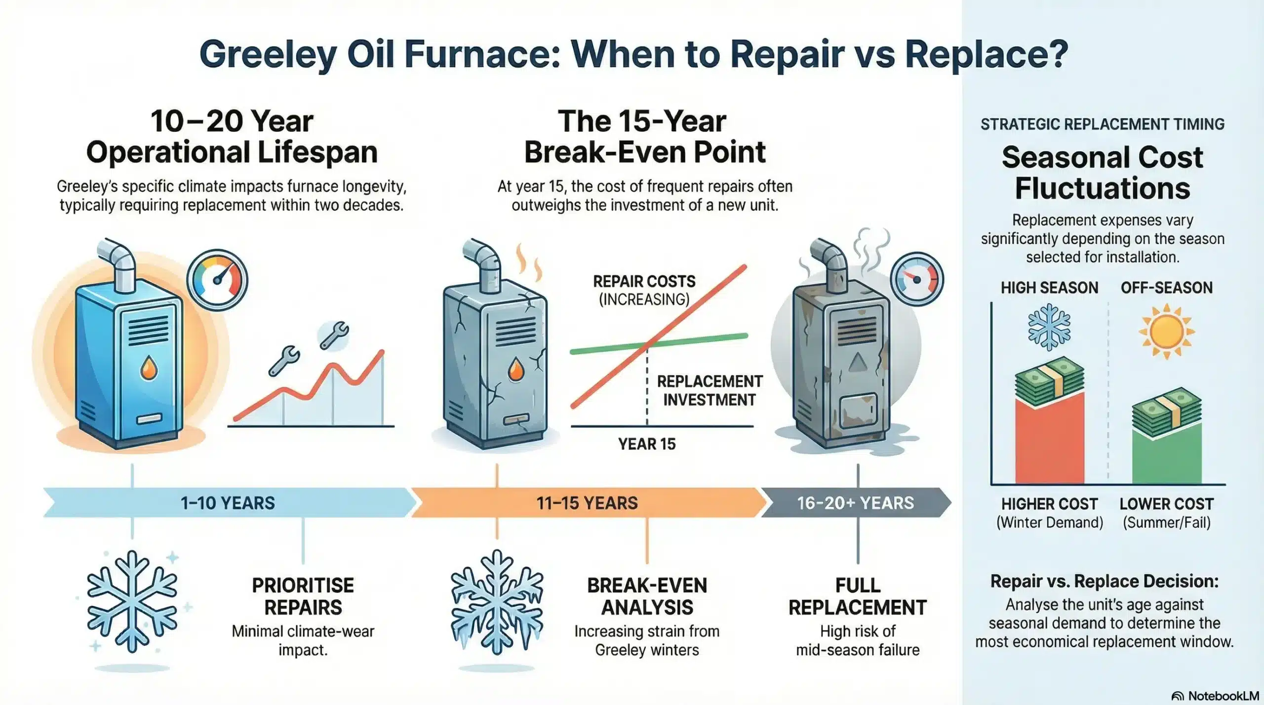 A visual timeline displaying a 10-20 year furnace lifecycle, seasonal cost variations, repair vs. replace break-even points, and Greeley-specific climate impacts.