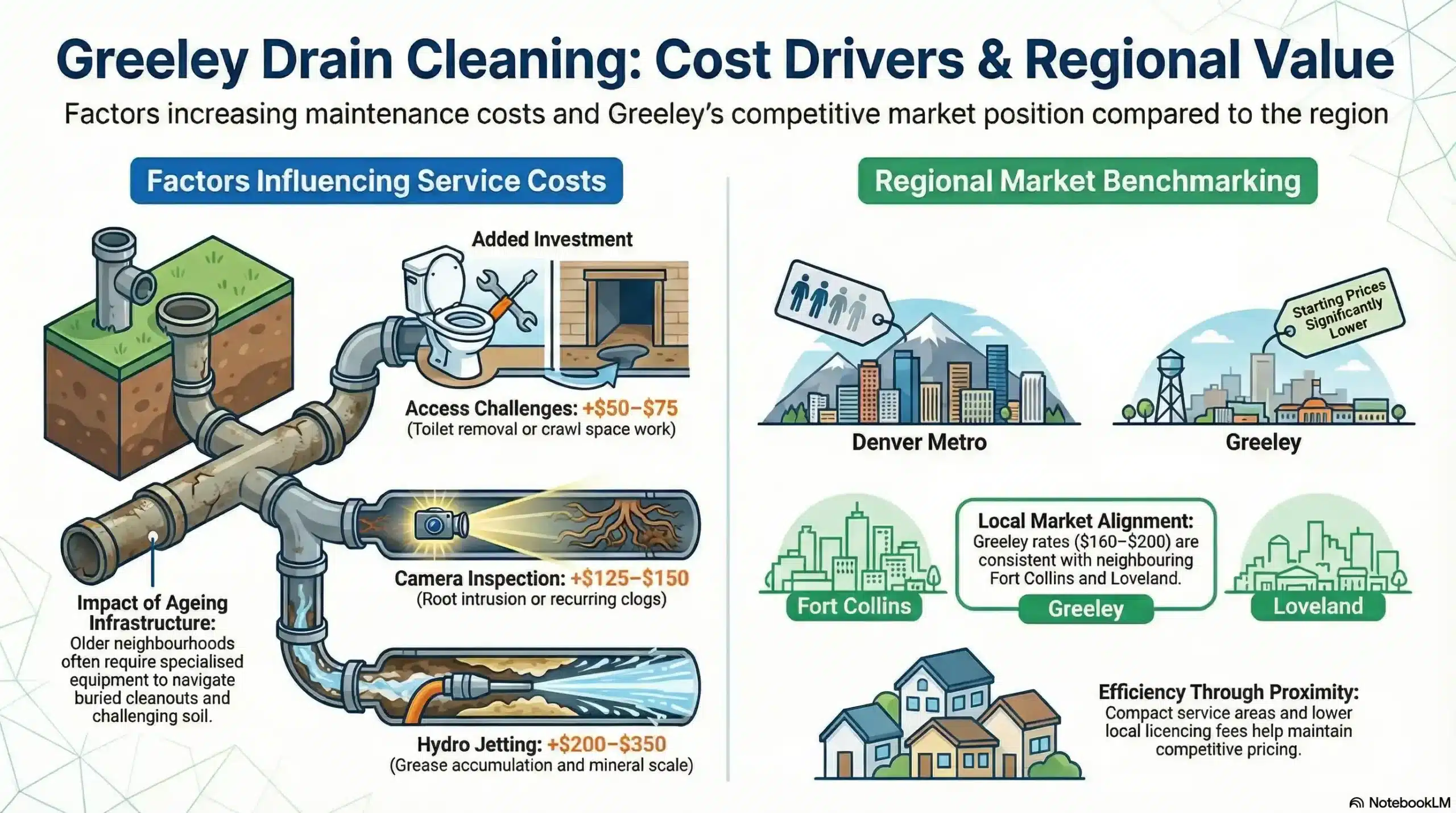 Infographic showing the cost progression from basic drain service to complex main line work.