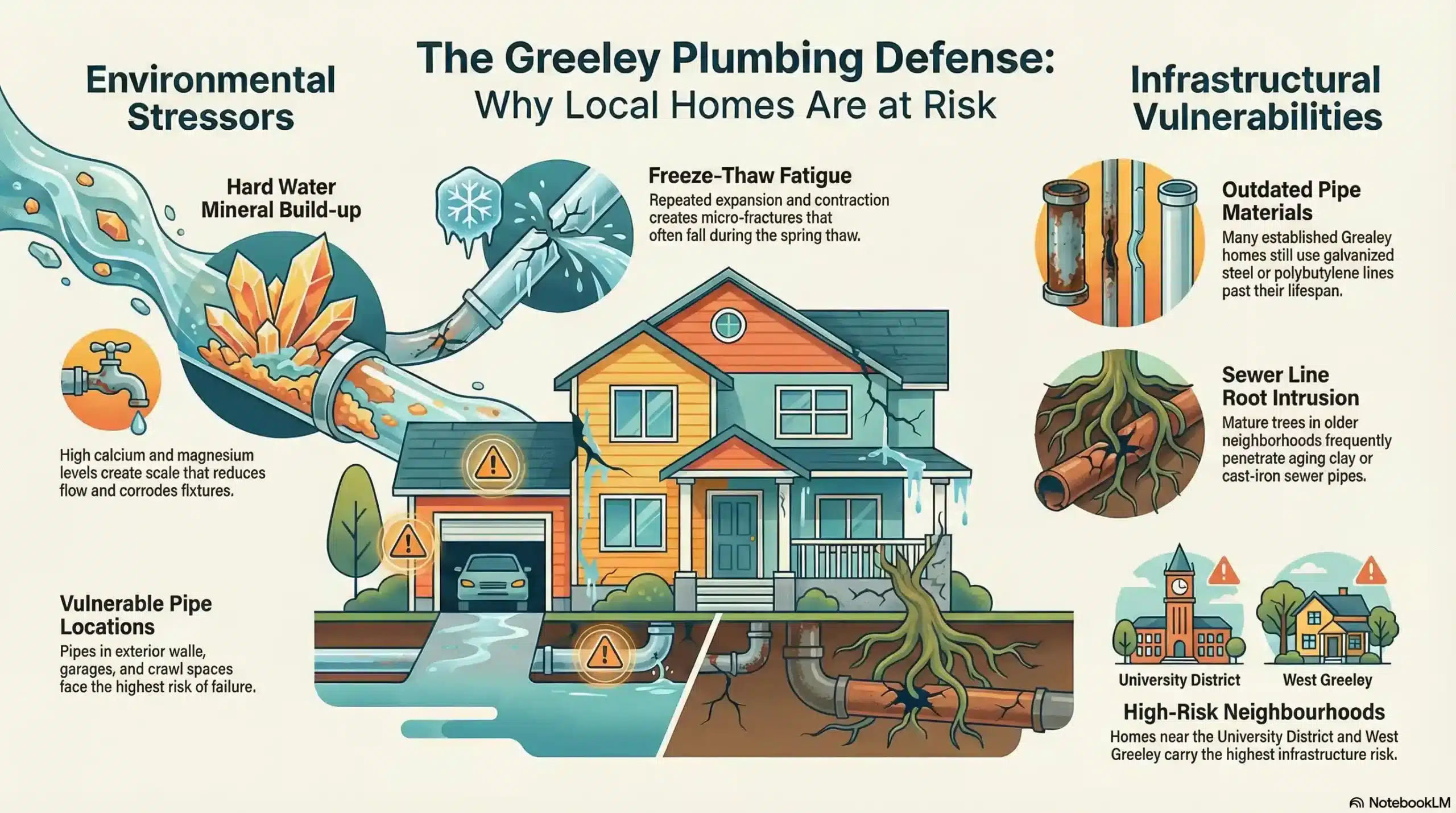 An infographic categorizing seasonal plumbing risks in Greeley, including year-round hard water scale, winter freeze-thaw pipe fractures, and tree root sewer line blockages in older neighborhoods.