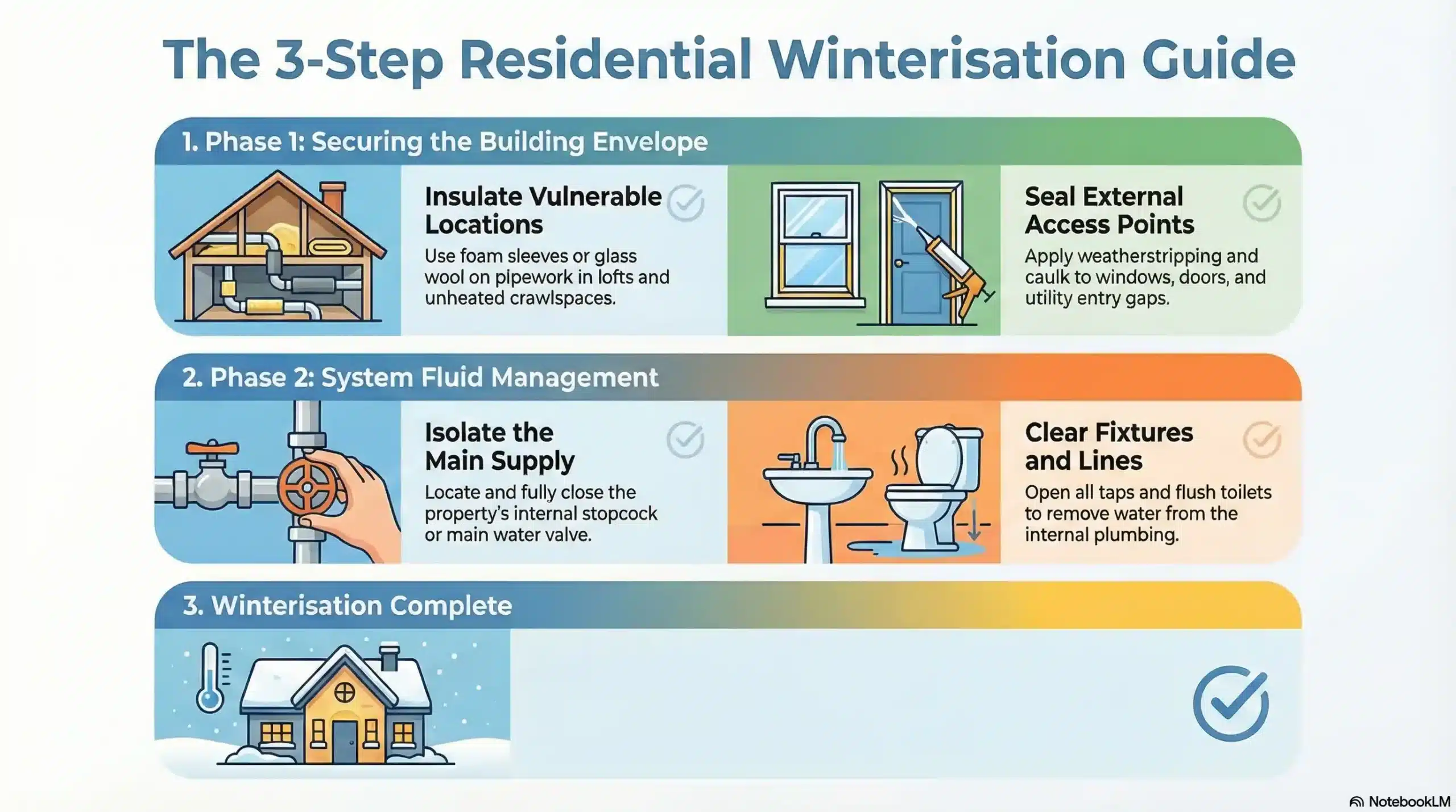 Infographic showing the 3-step process to winterize home plumbing: Insulate, Seal, and Drain.