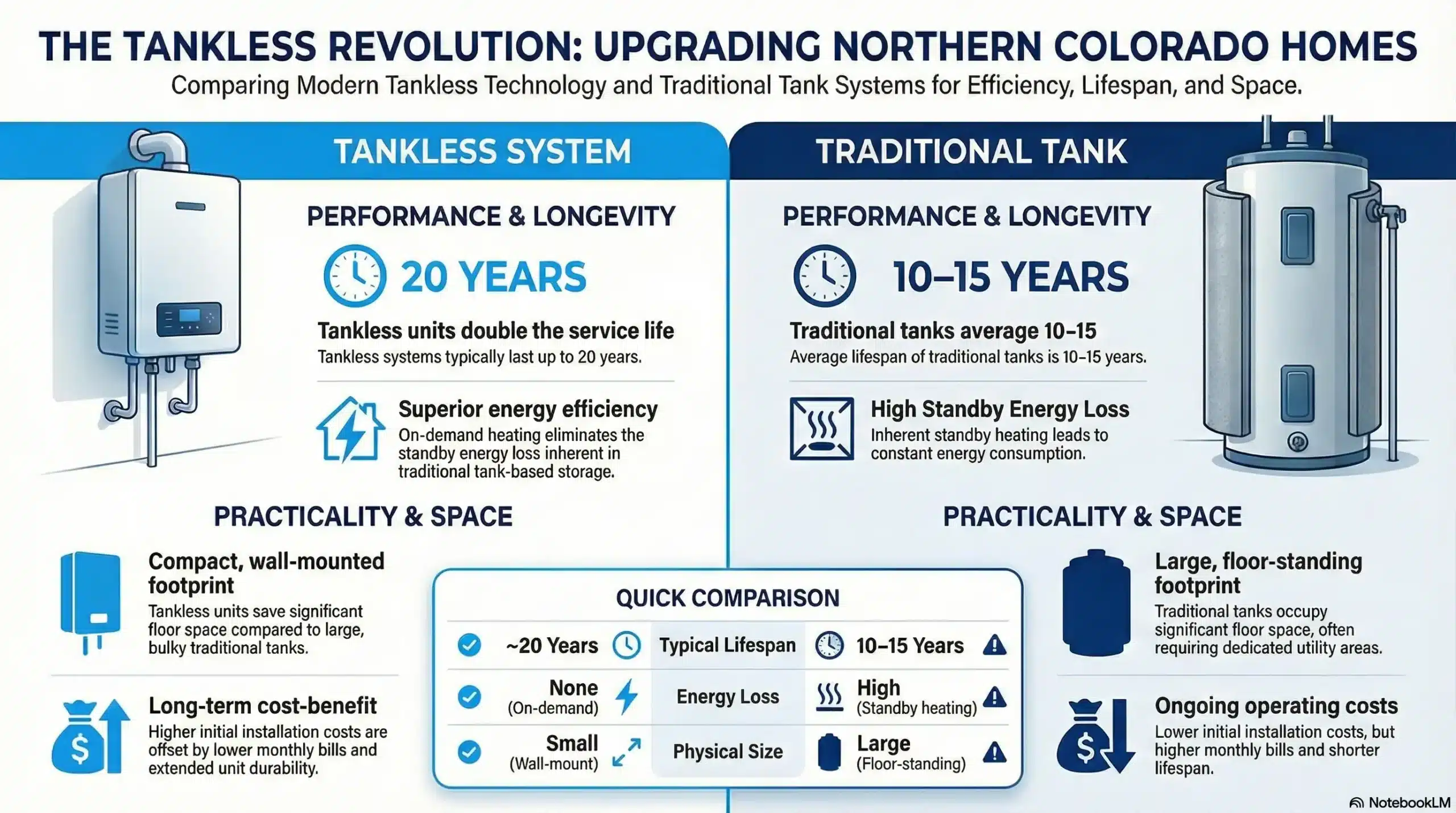 Top-Notch branded navy and bright blue infographic comparing tankless and tank water heaters based on efficiency, lifespan, size, and cost.