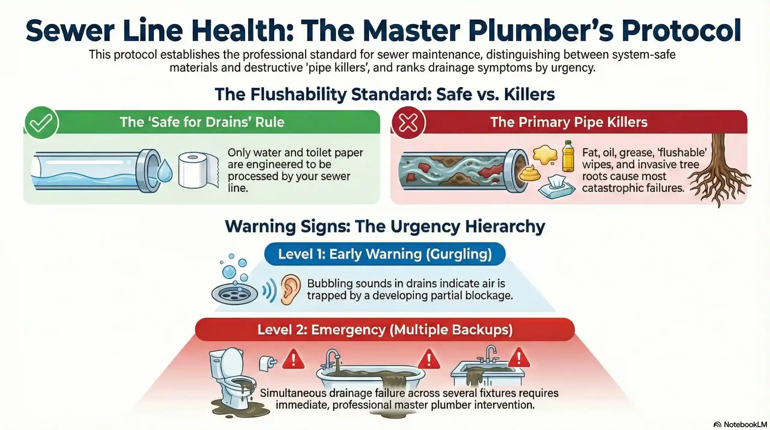 Infographic showing the 4 main signs of a sewer line blockage including gurgling drains and lush lawn patches.