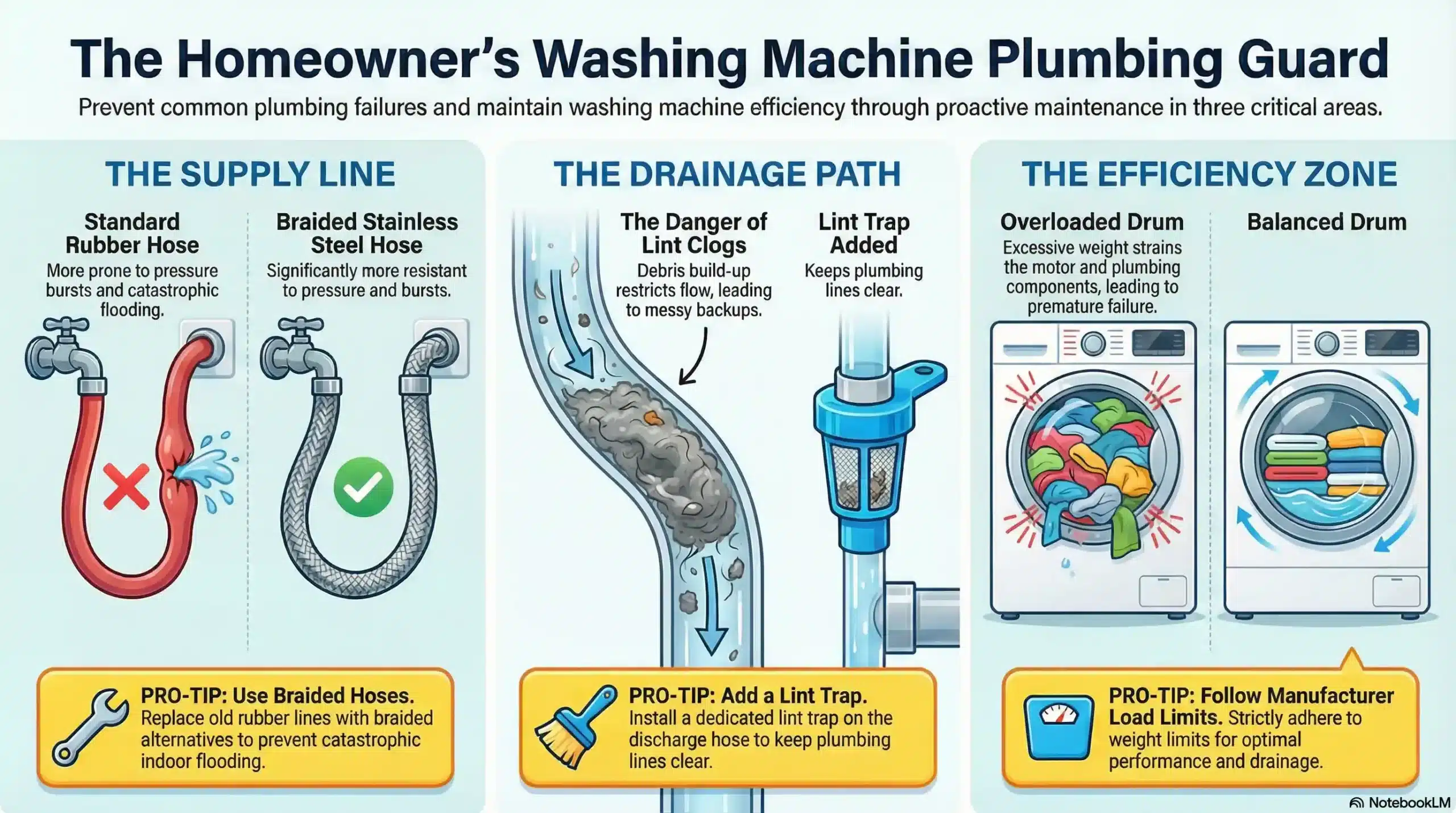 Diagram of washing machine plumbing components including water supply hoses, drain hose, and drum for maintenance.
