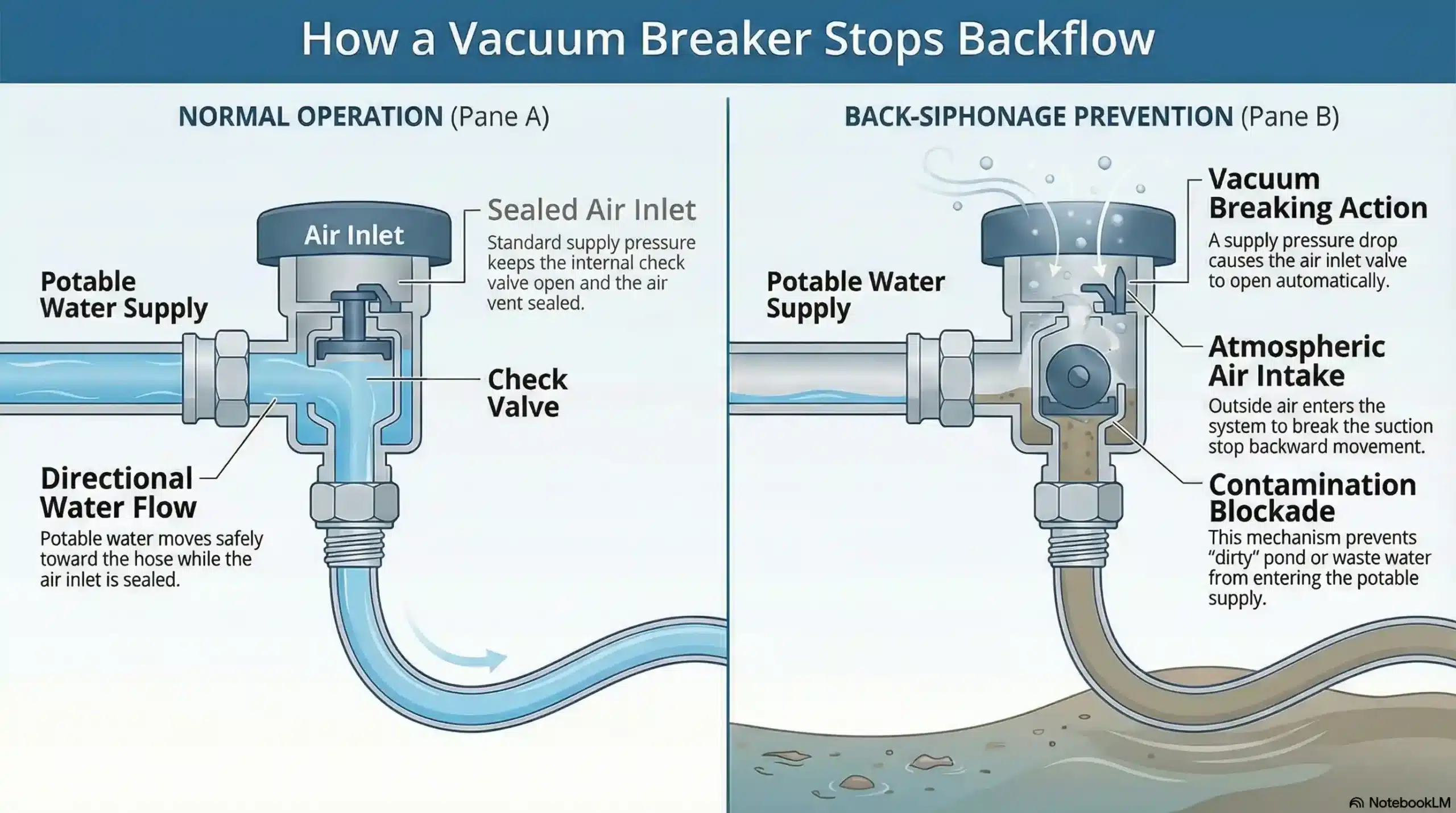 Diagram showing how a vacuum breaker prevents backflow contamination in a home plumbing system.