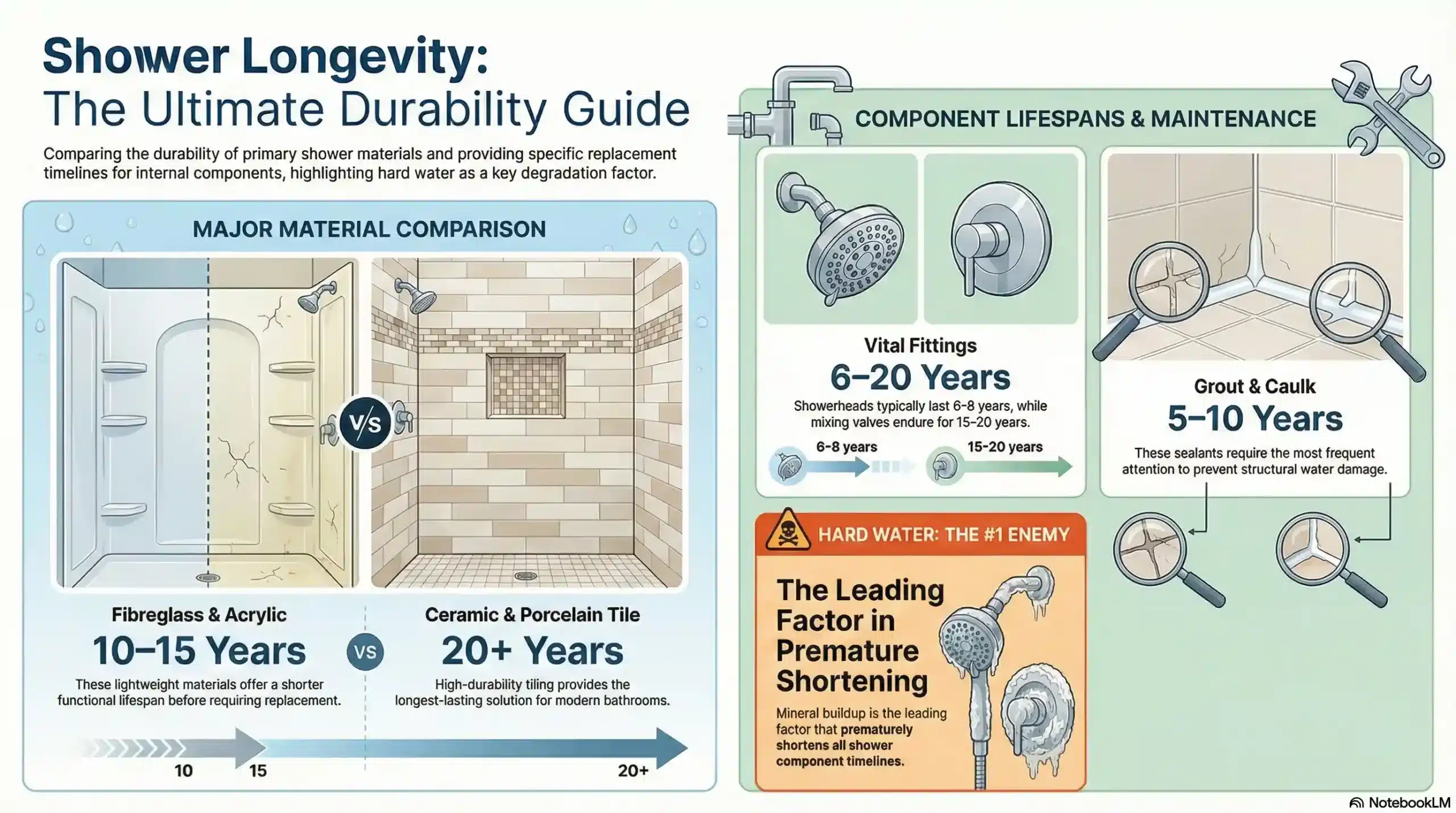 Chart showing the average lifespan of shower materials and plumbing components.
